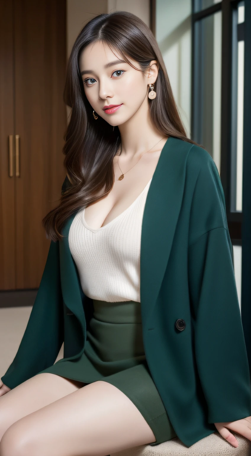 (((32K,very high res, high detailing, highly accurate,Masterpiece Girl 1))),Raw photo & realistic atmosphere,beautiful dark blue eyes,Detailed mouth,Glossy lips,Detailed eyebrows,Soft white skin that shines with every detail,,Eyes drawn in detail、Very beautiful eyes with azure eyes,Detailed lips、Very beautiful face,Very well-formed face、Lifelike face,shiny beautiful lips,Beautiful eyebrows,Infinite reality,Best design,（Insanely cute Japan 16-year-old girl,,Beautifully shaped breasts,Very cute beautiful girl,Little Girl：1.5）,Best Natural Makeup,Japanese ido,Korean Idols,Young sensual idol,Moist eyes,Dark beautiful eyes,Beautiful butt,beauty legs,,camel's foot,：1.3),超A high resolution、,Natural and realistic face,Back lighting,Pure eyes are too cute,(((photorealisim,Photograph the whole body))),,Reality Live Action,（Fashionable earrings,,a necklace,A bracelet,gyuru,Glossy nail art,College Girl Fashion,Dark green coat with beautiful design,sexy underwear,White slit skirt,Black pantyhose,Show me your beautiful thighs,Calm and fashionable girl,light brown hair,short-cut,独奏,Lori,little smiling,full body Esbian,Show full-body fashion,sitting cross-legs：1.7）,Night in Shibuya