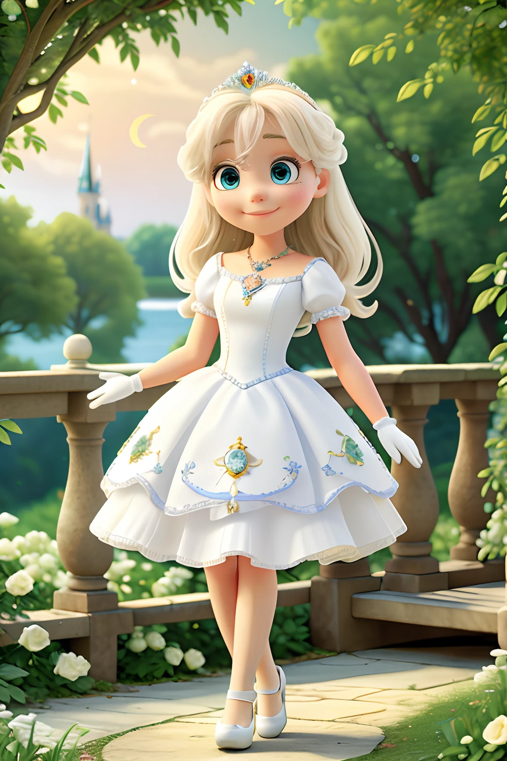 (Masterpiece, Best Quality: 1.2), 1girl, Solo, Cute, Cute, Digital Art, Magic Circle, Platinum Blonde, Delicate Eyes, Awkward Look, Sweat, Pure White Ruffled Dress, Pure White Color Scheme, Fair Skin, High Heels, White Gloves, Heart Necklace, Tiara, Magic Wand, Fairy Feathers, Transparent Feathers, White Flower Garden, Transparent Moonlight, Shrubs, Bridge Night Clouds, Starry Sky, Wind, Rustling Leaves, white rose, lots of white roses blooming, white rose hair ornament, fairy, fairy feathers, white rose fairy, rose arch, Cinderella castle in the distance, style disney