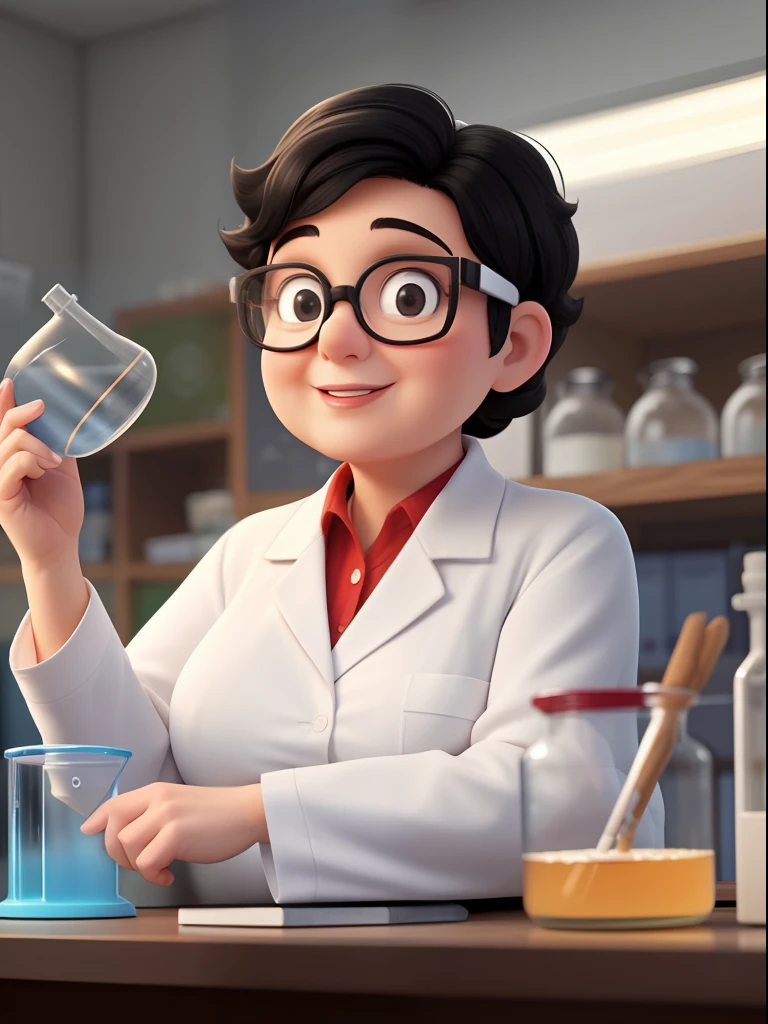 A 50-year-old fat female scientist in white clothes, round face, very short black hair, wearing round thin-rimmed glasses, doing chemistry experiment, working in a cluttered laboratory