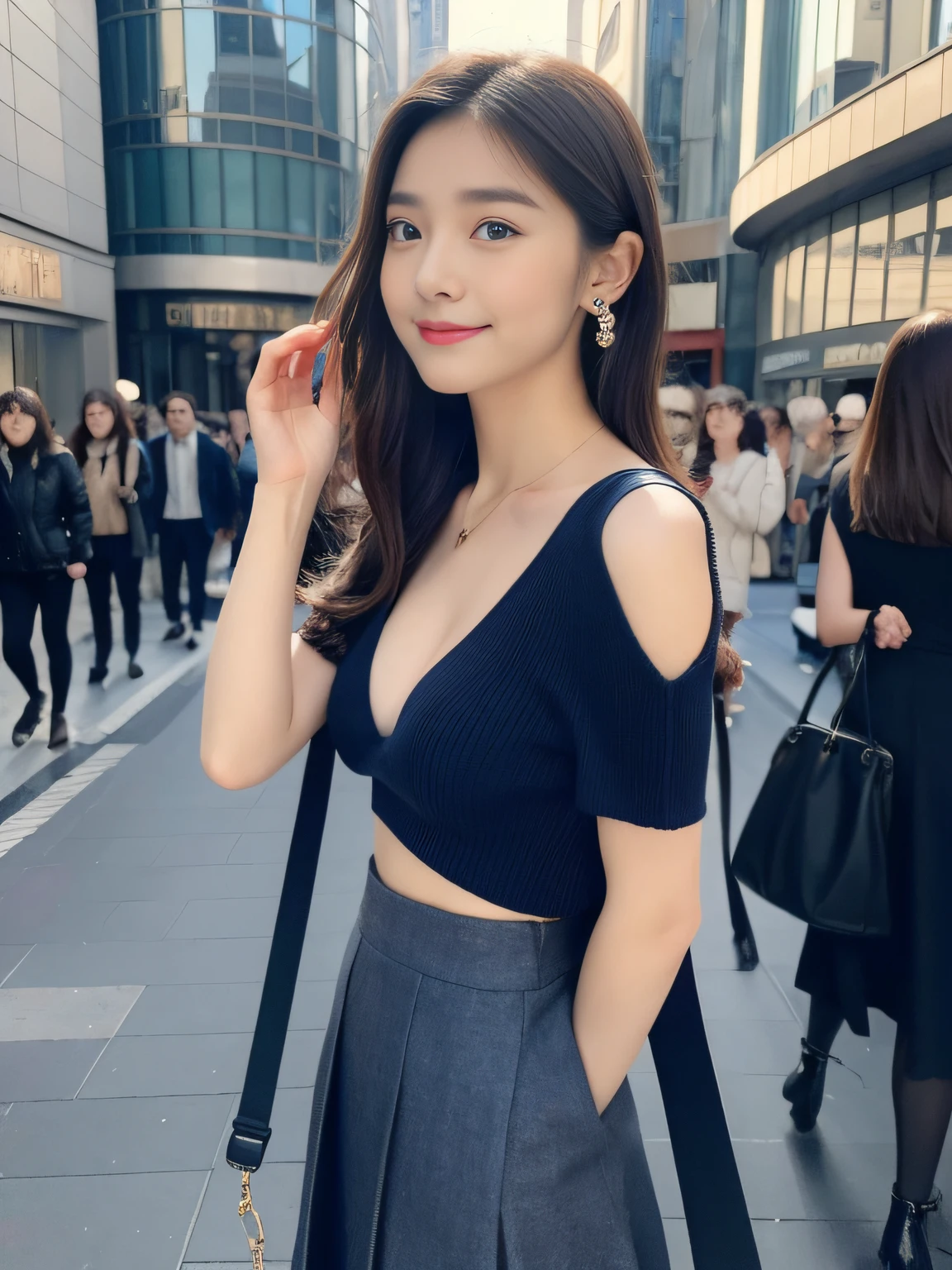 (((32K,very high res, high detailing, highly accurate,Masterpiece Girl 1))),Raw photo & realistic atmosphere,beautiful dark blue eyes,Detailed mouth,Glossy lips,Detailed eyebrows,Soft white skin that shines with every detail,,Eyes drawn in detail、Very beautiful eyes with azure eyes,Detailed lips、Very beautiful face,Very well-formed face、Lifelike face,shiny beautiful lips,Beautiful eyebrows,Infinite reality,Best design,(Insanely cute Japan 16-year-old high school girl,,Beautifully shaped breasts,Very cute beautiful girl,,Healthy body,Outstanding style:1.5),Best Natural Makeup,Japanese ido,Korean Idols,Young sensual idol,Moist eyes,Dark Beautiful Deep Eyes,Beautiful butt,beauty legs,,camel's foot,:1.3),超A high resolution、,Natural and realistic face,Back lighting,Pure eyes are too cute,(((photorealisim,Photograph the whole body))),,Reality Live Action,(Fashionable earrings,,a necklace,A bracelet,gyuru,Glossy nail art,Women's 20s Winter Fashion,Bright blue big top with beautiful design,sexy underwear,Black slit skirt,Blue sandals,Black pantyhose,Hair Stopper,Calm and fashionable girl,light brown hair,Wave shortcuts,独奏,little smiling,full body Esbian,Show full-body fashion,Show me the blue pumps, Young sexy 15 year old girl with only beauty in this world:1.7),in Shibuya