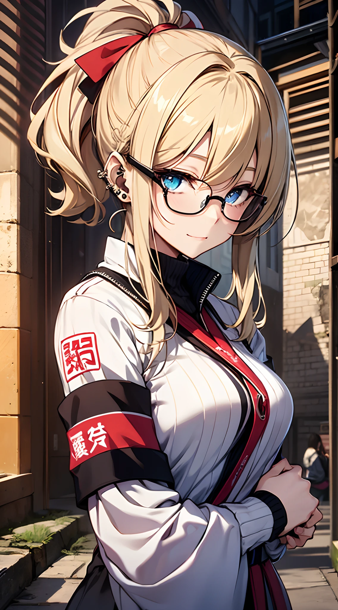 top-quality、Top image quality、masterpiece、girl with((18year old、komono:1.6、Bust 90、a blond、disheveled ponytail、Blue eyes、open chest wide、Happiness、Black wristband on wrist、Ear-piercing))、((Fashionable glasses))、A slender、hiquality、(Piece It Piece)、visualart、Background with((Ancient Minjia))、masutepiece