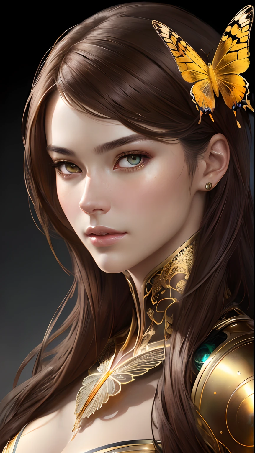 8k portrait of beautiful cyborg with brown hair, intricate, elegant, highly detailed, majestic, digital photography, art by artgerm and ruan jia and greg rutkowski surreal painting gold butterfly filigree, broken glass, (masterpiece, sidelighting, finely detailed beautiful eyes: 1.2), hdr,