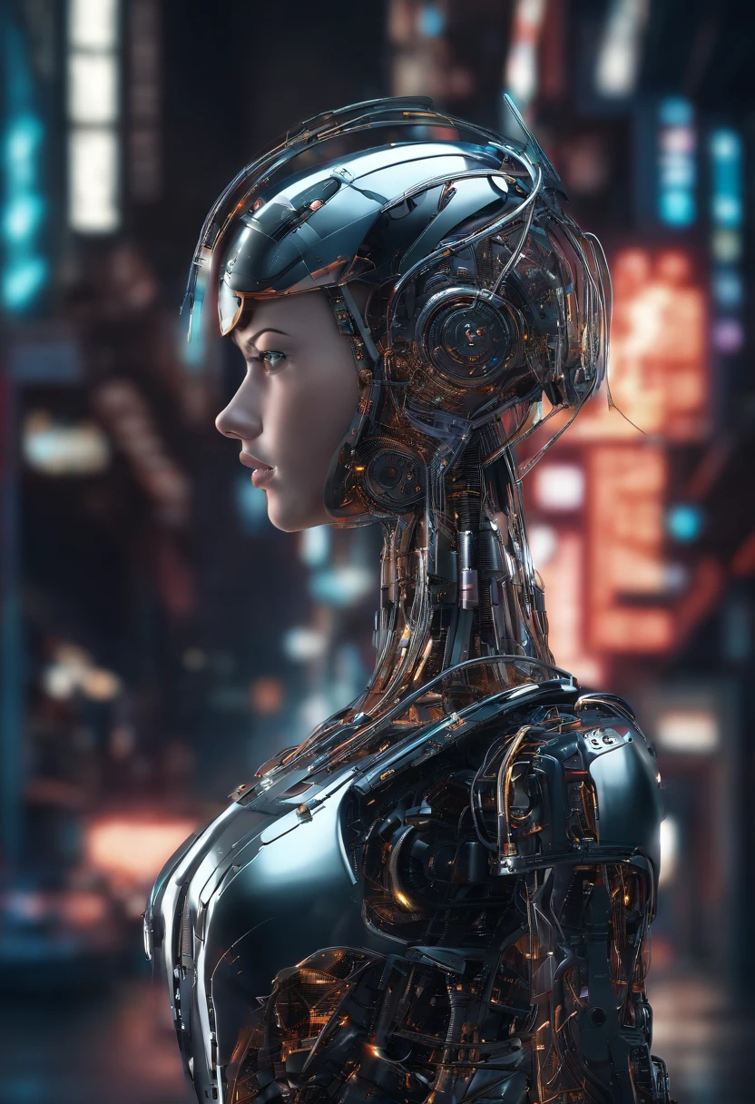 stunning female cyborg, highly detailed, intricate mechanics, gleaming metal body, glowing blue circuitry, piercing cybernetic eyes, full of raw power and grace, dramatic lighting, cinematic angle, photorealistic, hyper detailed, 8k, (best quality, 4k, 8k, highres, masterpiece:1.2), ultra-detailed, (realistic, photorealistic, photo-realistic:1.37), cinematic lighting, dramatic shadows, neon blue accents, sleek futuristic design, advanced technology, science fiction, cyberpunk aesthetic, moody color palette