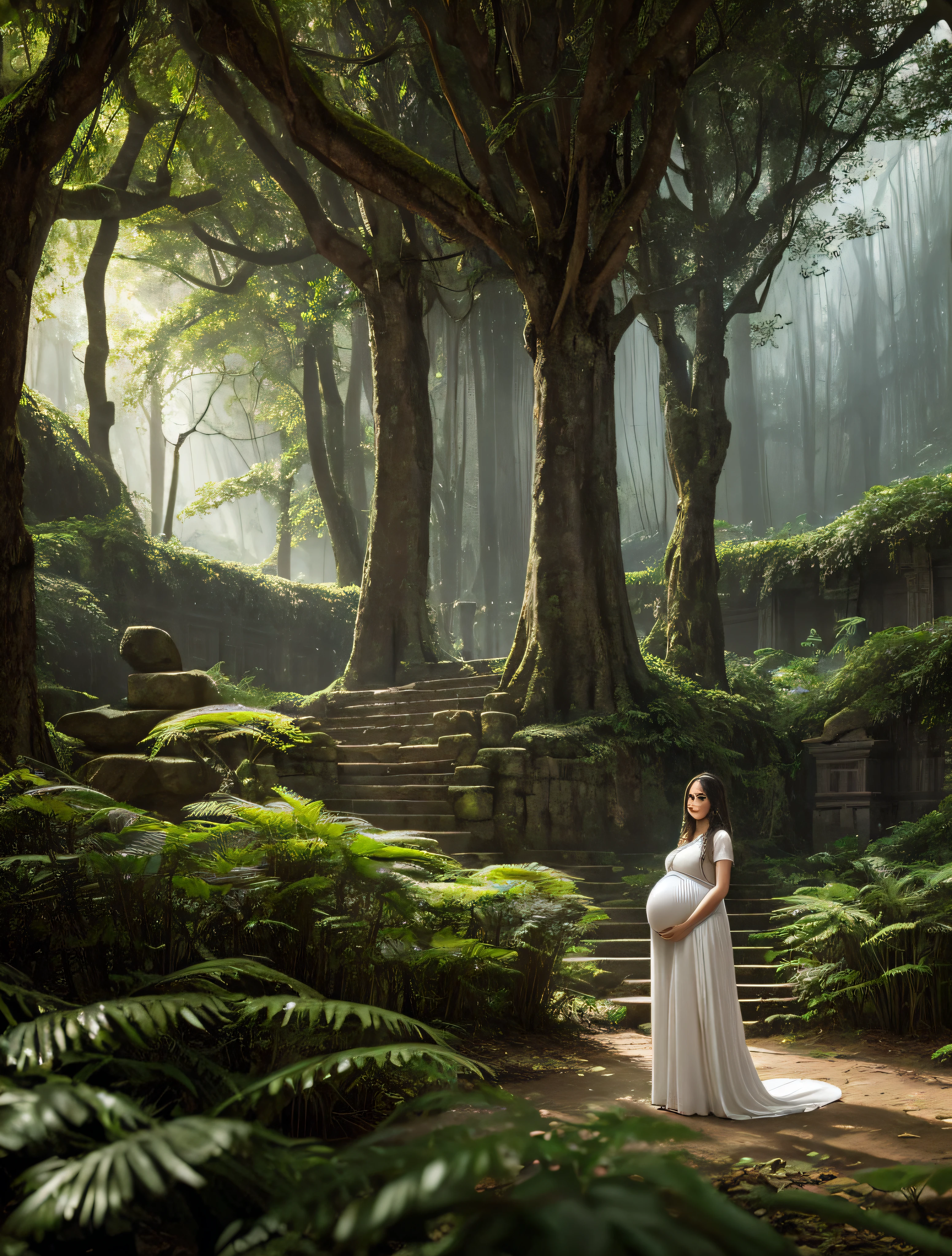 Masterpiece, Full body pregnant woman in white dress, white cloth, clothed, fully, white clothing, Deep within a dense jungle, concealed by towering trees, lies a hidden india temple. Its weathered stone walls are adorned with symbols and mysterious carvings, invoking a sense of ancient magic. The temple stands in stark contrast to its lush surroundings, emanating an eerie and mystical energy. Thick vines snake their way around the structure, adding to the sense of mystery and enchantment. As sunlight filters through the canopy above, dappled light dances upon the temple, casting enchanting shadows. Photo taken by Annie Leibovitz with a Canon EOS R5 and a telephoto lens, the lighting is a mix of filtered sunlight and subtle atmospheric effects, creating an ethereal and haunting ambiance. Award Winning Photography style, Fine Art& Conceptual, 8K, Ultra - HD, Super - Resolution. 35mm, F/2.8, insanely detailed and intricate, character, hypermaximalist, realistic, colored, photorealistic, high_resolution, detailed, cute face, toys, realisti background, forest, hd, super detailed, popular on Flickr, very good quality, a dense jungle hidden by towering trees, Iindia temple, female model standing in the middle of the mystical forest full of plants and flowers, cinematic realism, cute pose, cute expression, insanely detailed body, perfect pupils, insanely detailed face, highly detailed forest backgroundwith detailed inca temple, HD, 8K, volumetric lighting, light-dark, smoky, dimly lit, cool colors, hair backlighting, ear backlighting, volumetric lighting, 8K, perfect fingers, perfect eyes, perfect pupils, expressive eyes, fog, haze, distant trees, heavy blows, big lips, big tits, long curly hair, perfect legs, helpless, hairy vagina, slightly open mouth