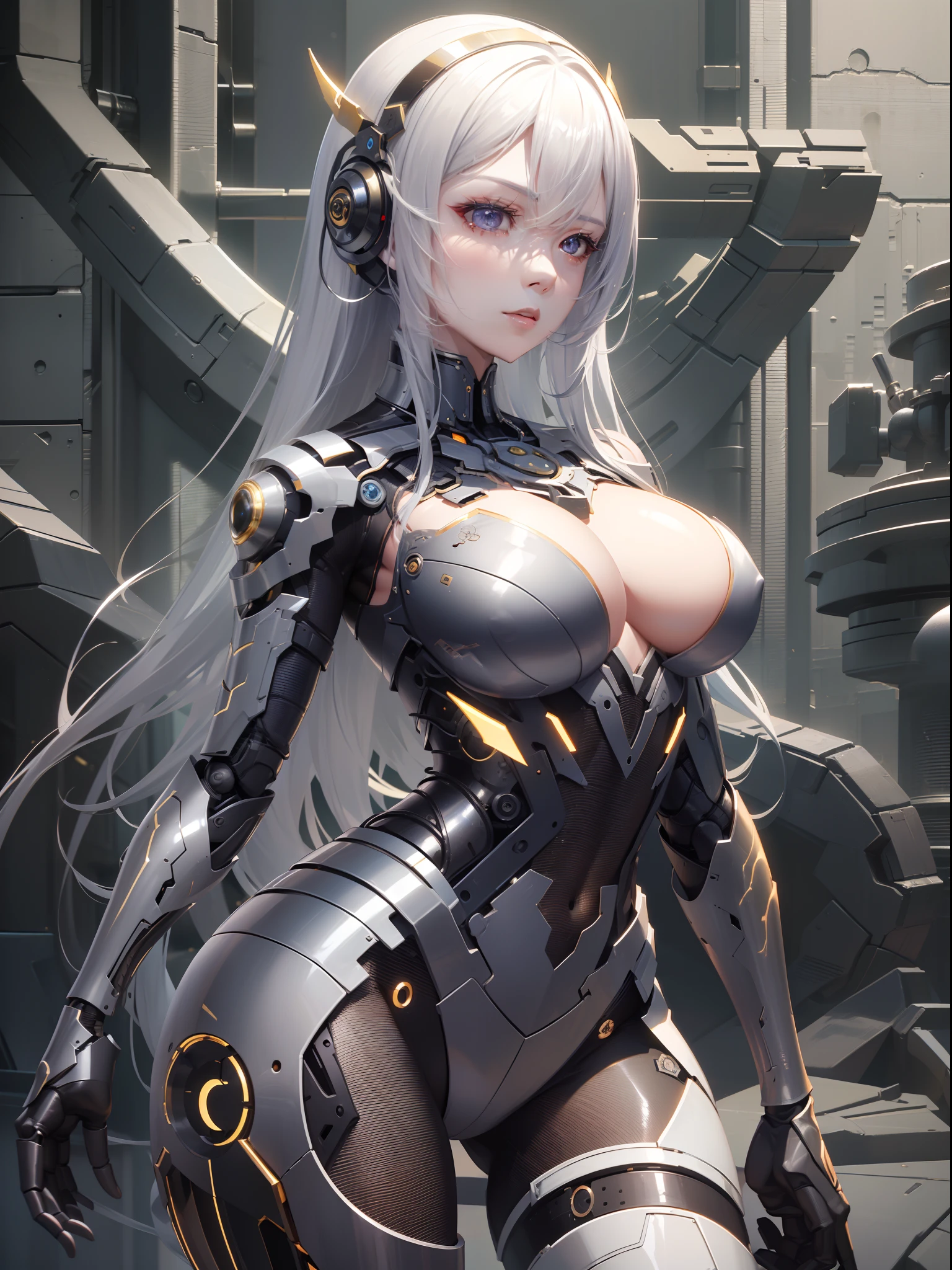 8K,masterpiece:1.0,absurdres,high quality,extremely detailed,(1 robot)(female),(精致的面容:2.0),(Clear and delicate facial features:1.5),(1female),(long hair),(Iron body:1.7),(machine eyeshade),(machine arms),(machine legs),(silver skin)(shiny skin:1.8),(big breasts),(艳丽纹身),(bright light)