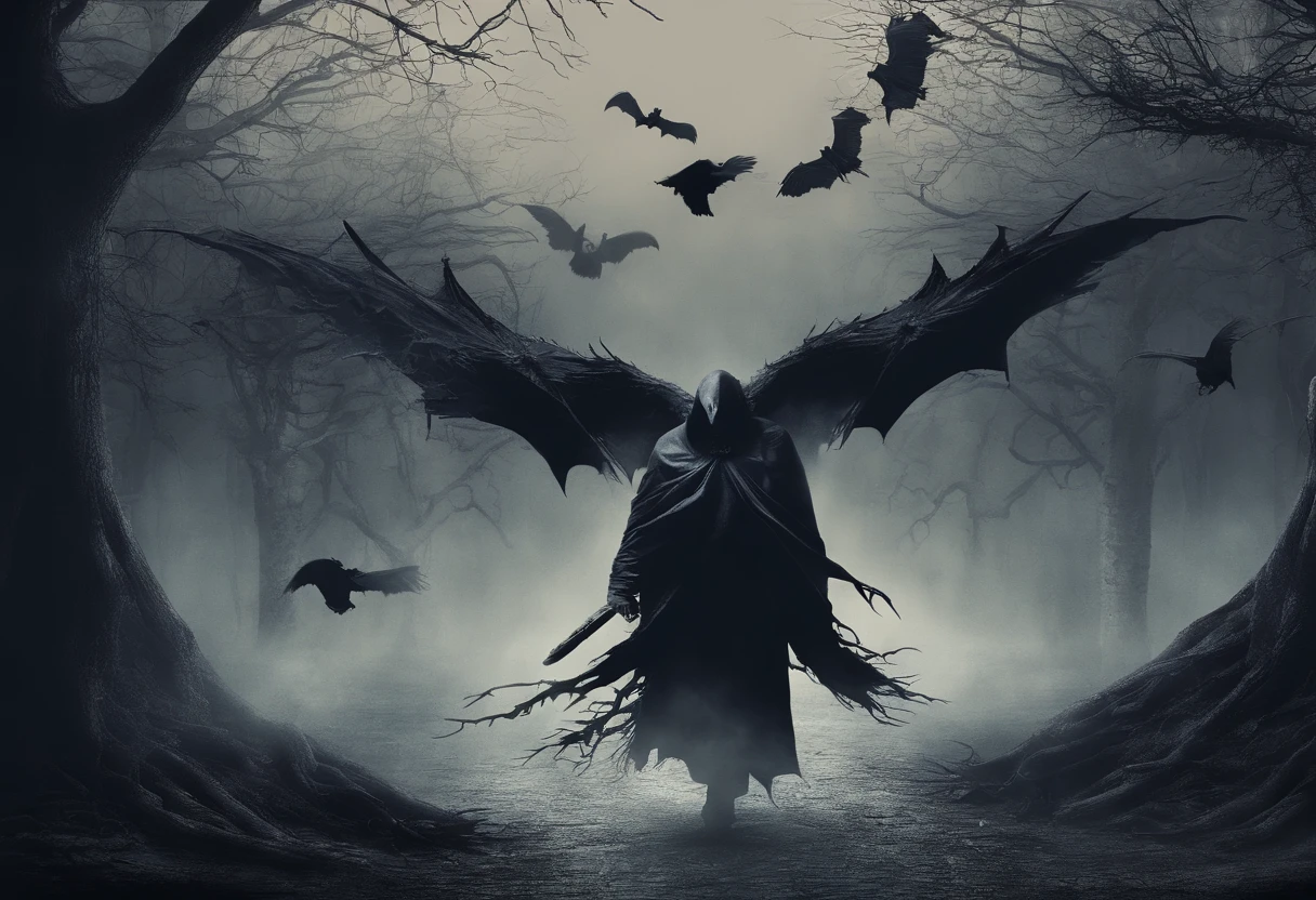 the phantom，shinigami，cawing ravens，the bats，Withered trees，Halloween horror scenes