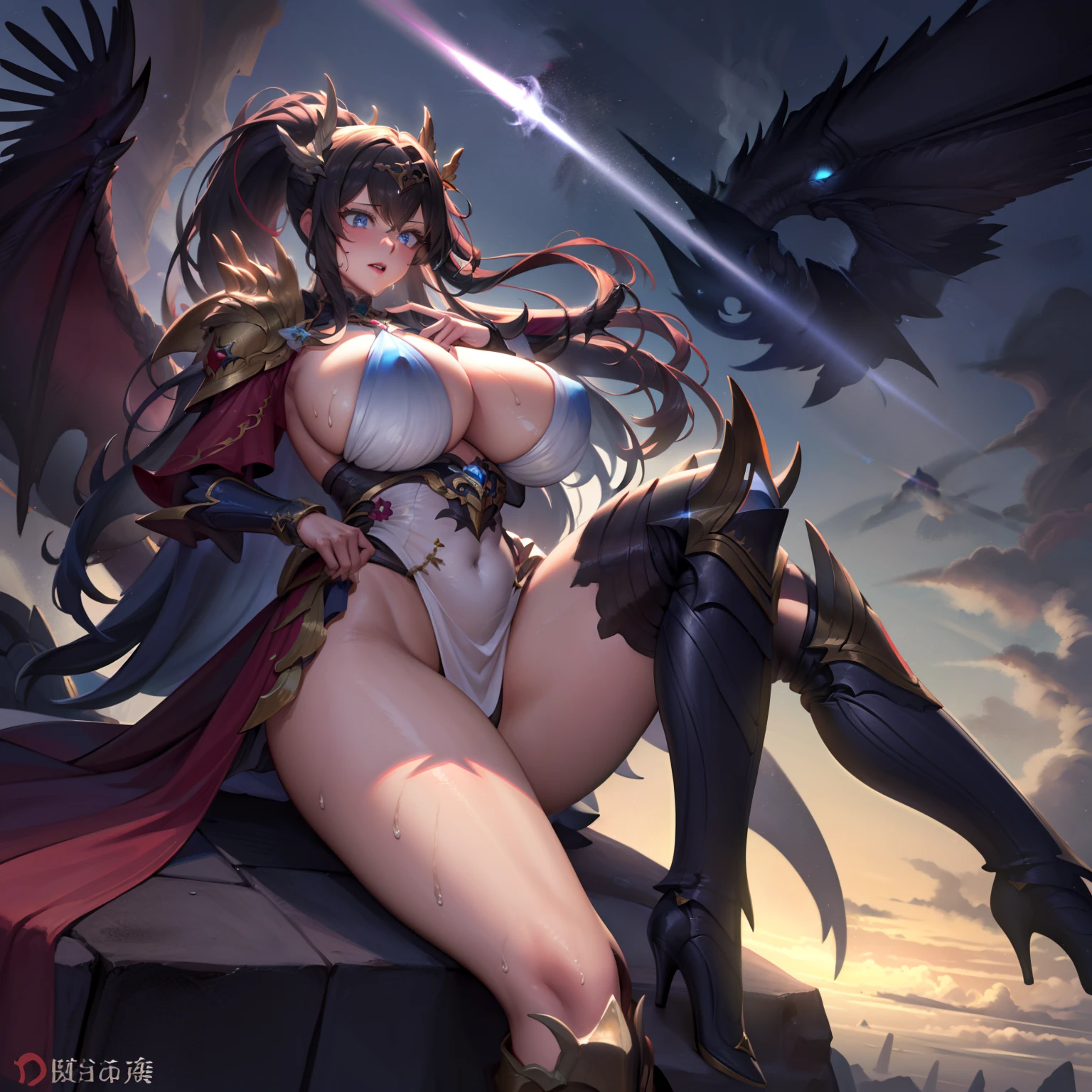 battlemech,(Blonde girl),(Huge ponytail),Glowing blue eyes,Blue Light Energy Longsword,Galactic,Mechanical and exquisite,((Blonde Beauty))pubic detail,mech wings,elegent,Blue Mecha,Glowing blue-blue eyes,(Stocking Heels),land,Mechanical and exquisite,pubic detail,mech wings,elegent,There are hands and feet,angled,angled,immensity,Wind,hazy,Mecha's eyes glow blue,Blue Mecha,Glowing blue-blue eyes,Holding the sword of delicate light energy,Skysky,Mechanical and exquisite,pubic detail,Huge mech wings,elegent,The tree々,There are hands and feet,angled,angled,immensity,baiyun,hazy,Mecha's eyes glow blue,pubic detail,Winds of the future,sacredness,Cavalier,battlemech,Glowing blue eyes,Blue Delicate Sniper Rifle,Skysky,Mechanical and exquisite,pubic detail,Huge mech wings,elegent,The tree々,There are hands and feet,angled,angled,immensity,baiyun,hazy,Mecha's eyes glow blue,pubic detail,Winds of the future,sacredness,Cavalier,the face is clear,Face wearing mask armor,masterpaintings,best qualtiy,offcial art,the Extremely Detailed CG Unity 8K Wallpapers,brightened light,(light particules,(Illustration)(Farbe)goodlooking,impeccable,((Graphic Painting)),(Heavier stroke)),(bold lines),Highest image quality,masterpaintings,Filigree,long eyeslashes,(((silhuette))),Very detailed background,tulips,Banana leaves,lilie,dew,Date palm flowers,Ryu,Light white off-the-shoulder dress,Mottled sunlight,(Close-up of people),(Heavy sweat dripping all over the body)((Super best quality)), ((A very masterpiece)), ((super detailing:1.4)), ((hyper realistic lifelike 3d)), Dragon Warrior Girl, Mechanical body, Dynamic action poses in battle scenes, Mechanical weapons of very complex and heavy fighters, Off-the-shoulder fashion that blends dense and complex steampunk with dense gothic ta, Complex steampunk headgear, very thin long legs, Mechanical boots above the knee, Fluttering lace flared mini skirt, beautiful big breasts directed upwards,Somewhat long, Vertical curly silver hair fluttering in the win