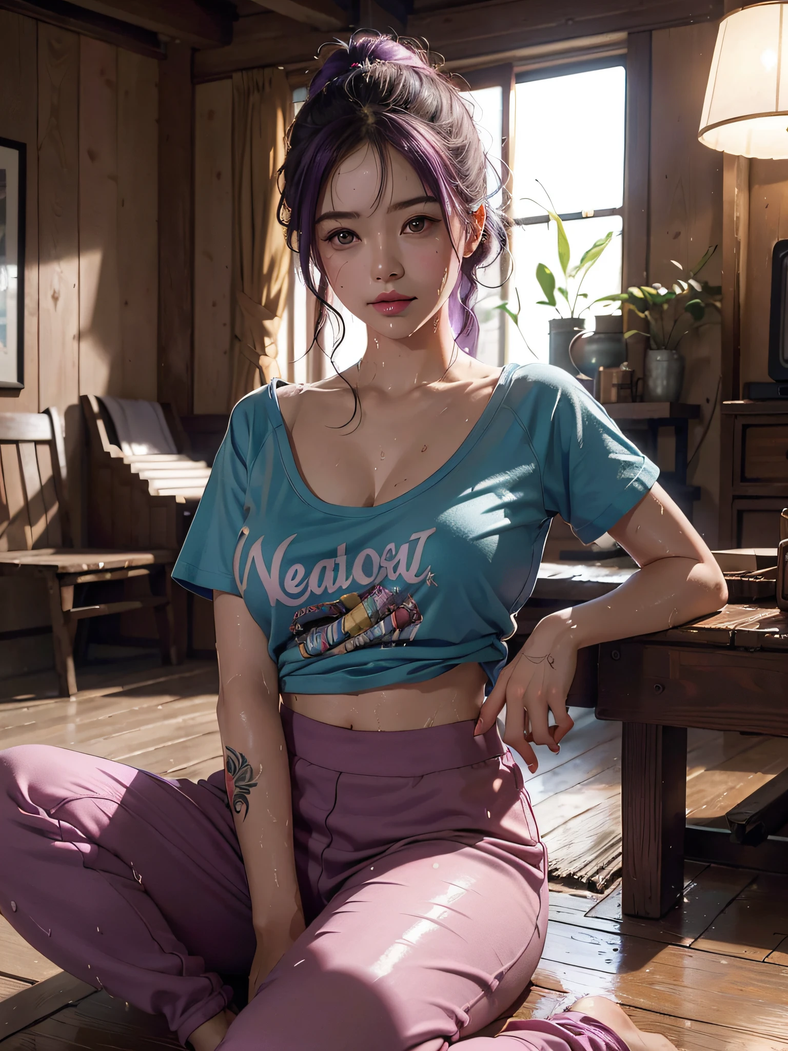 SeaArt Bot ,Upscaling 、RAW Photography、top-quality、masterpiece:1.2)、(realisitic、photoRealstic:1.37)、1girl in、Nepali、25-years old、femele、(deep in the night)、sunlights、a room、Daytime cityscape seen from the window、Studio Lighting、face lights、photon maping、Radio City、Purple hair、A detailed face、detailed lips、A detailed eye、More skin、二重まぶた、(Huge round:1.3)、((Exposure))、(T-shirt and joggers、Nepal)、(T-shirt)、(Wearing a T-shirt and joggers)、((no brassiere)))、Exposed cleavage、exposed shoulder、Thigh exposure、(camel's toe)、perfectbody、shinny skin、(Body wet with sweat:1.2)、smirking face、((sitting on))、Make eye contact with the camera、Lens blur for background camera、depth of fields、35 m、ultra-detailliert、ultra-quality、flawless、Anime tattoo on right hand、((Vintage style photography 1:1)),((NSFW 1:0))