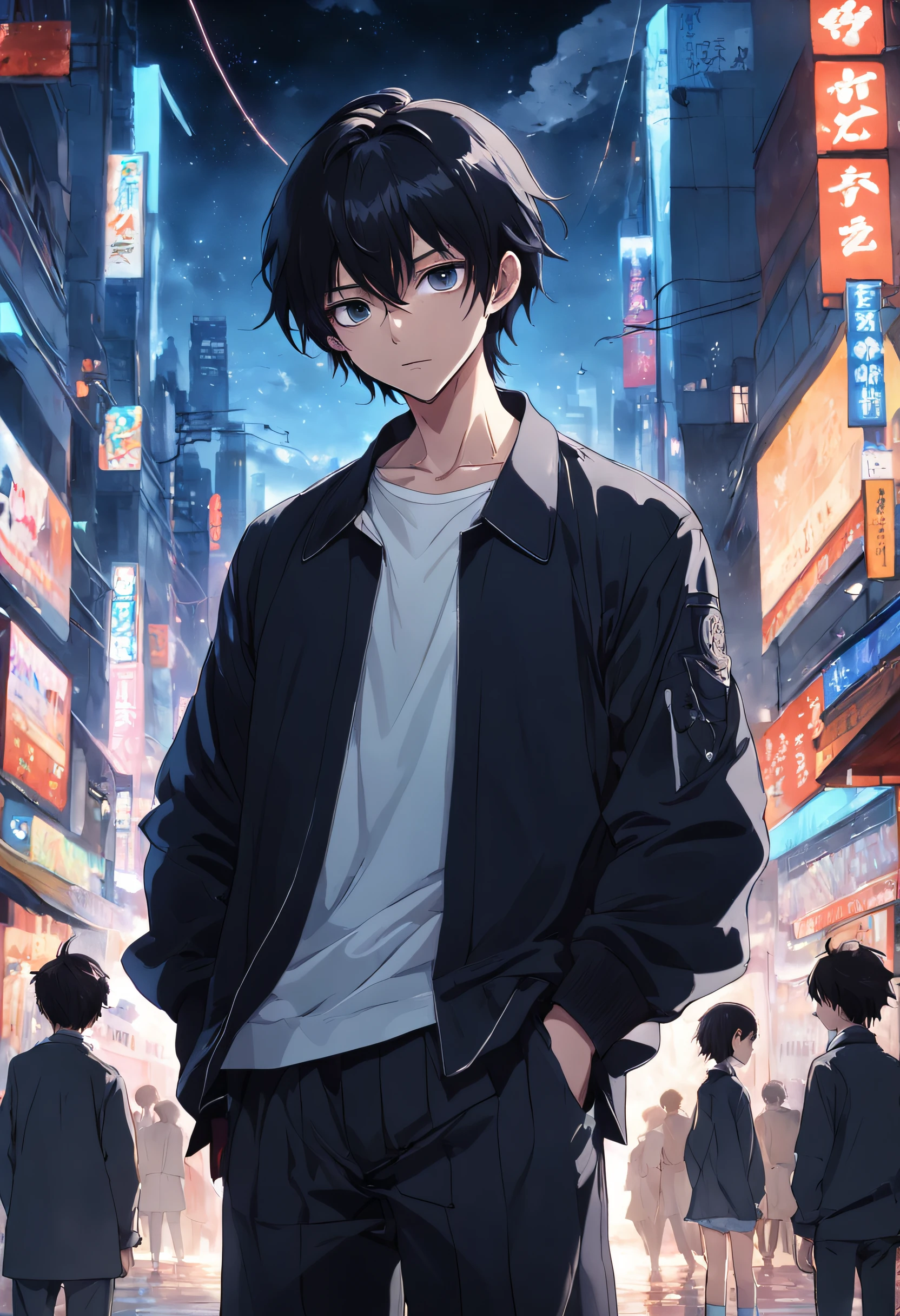 masterpiece、twinks、30-years old、A dark-haired、Black jacket、Black pants、white t-shirts、Giving bangs、Sticking out your forehead、twinks、Eyes drawn in detail、a handsome、Inside the city、starrysky、Mystical light、dramatic light、Cinematic power、