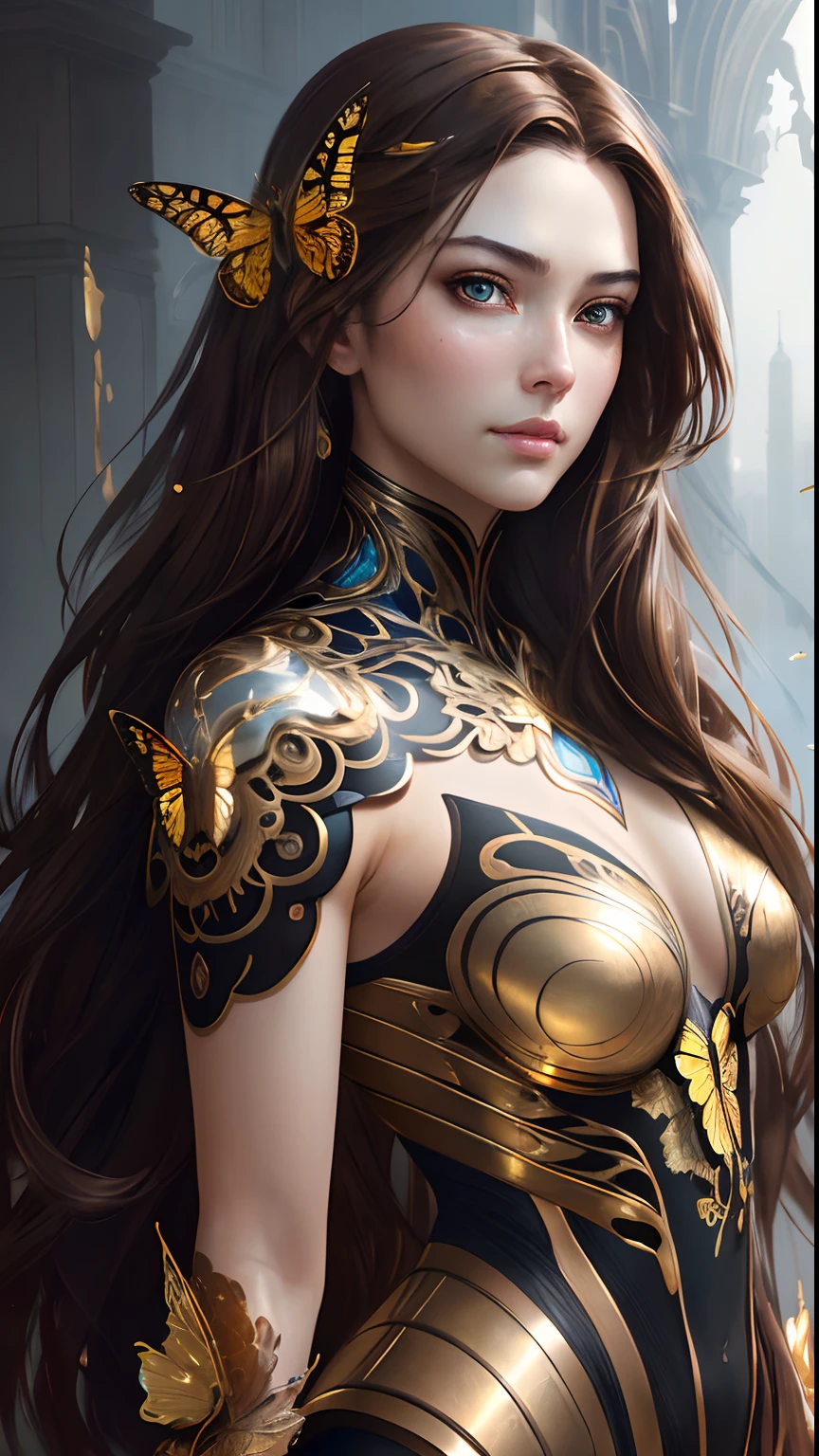 8k portrait of beautiful cyborg with brown hair, intricate, elegant, highly detailed, majestic, digital photography, art by artgerm and ruan jia and greg rutkowski surreal painting gold butterfly filigree, broken glass, (masterpiece, sidelighting, finely detailed beautiful eyes: 1.2), hdr,