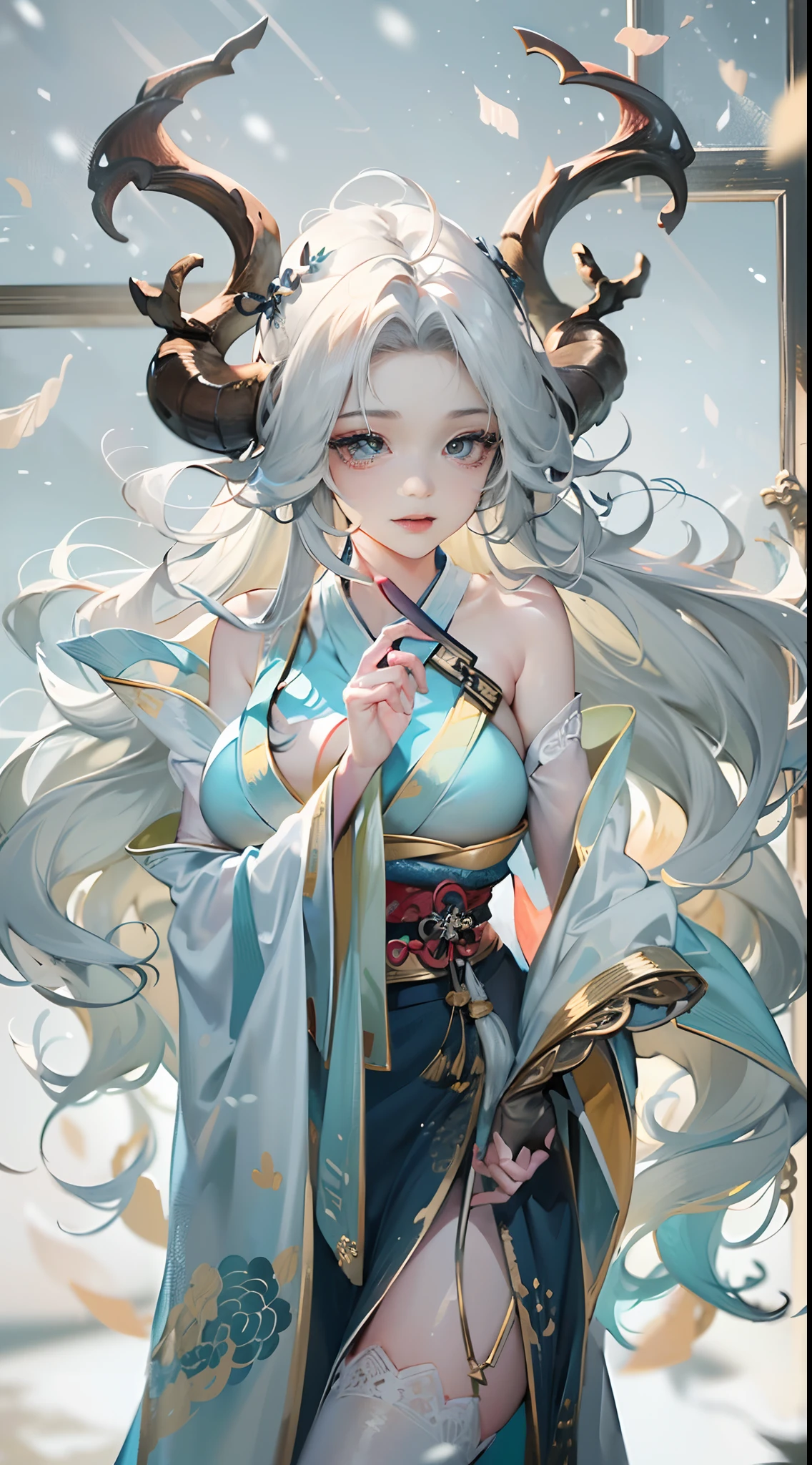 Little devil,(heart - shaped pupils),Dragon's horn,deer antlers,Stick out your tongue,Realistic effect,Female pervert,White-haired girl,Messy hair,Ancient wind,cyan colors,cyan colors,Cyan Hanfu(Delicate and mysterious antique patterns),high-heels,The expression after the climax,winning artwork,Silhouette effect,Epic composition,Stand in front of a window with falling snow(Ancient wind),(Antique background)Need,8K,The human body light and shadow effect is three-dimensional,Delicate face,(in the darkness nigth:1.6),Fantasyart,photographrealistic,动态照明,art stations,poster for,Volumetriclighting,Very detailed faces,4 k'',Award-Awarded, low tune, Cowboy shot, (Hanfu:1.4), long whitr hair,(Super huge))),(((Super huge breasts))),(cleavage),(Lift your clothes),((Cover your breasts)),((Bare-chest)),((tit)),(((areola of breast))),(nabel),(No shoulder strap),cropped shoulders,Bandeau