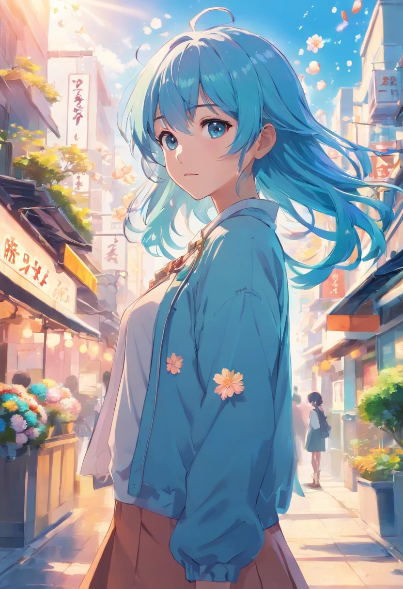 (masterpiece), (best quality), (ultra detailed),(disheveled hair),(illustration), (1girl), (Fashionable clothing), standing, Fashion model, looking at viewer, (interview), (simple background),beautiful detailed eyes, delicate beautiful face, Floating,(high saturation),(colorful splashes),colorful bubble,(shining), focus on face, ponytail, kamisato ayaka, light blue hair, bangs, hair ring, floating flowers, floating hairs, (shining), best lighting, best shadow,