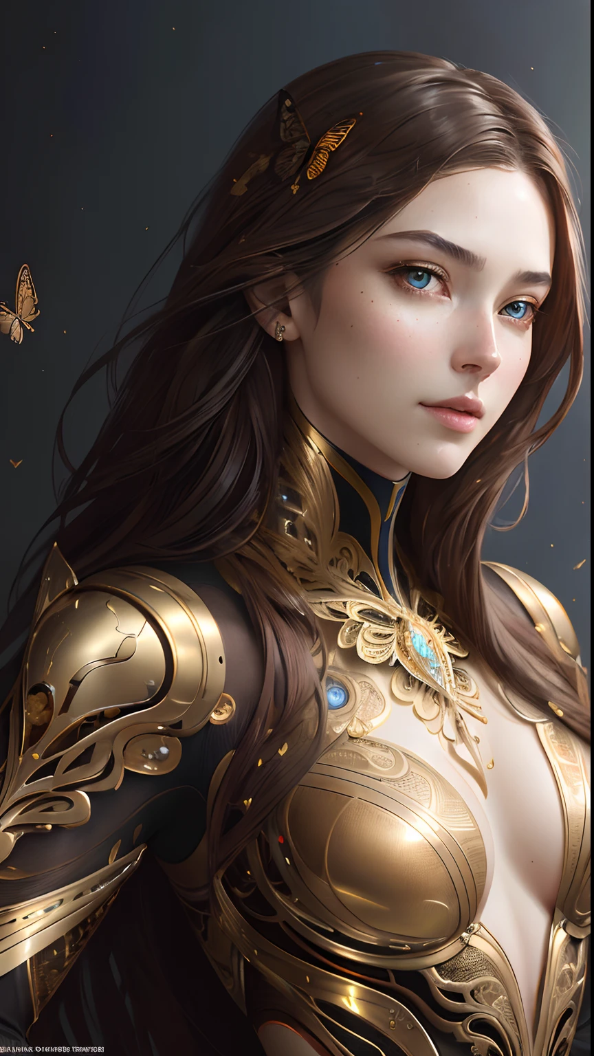 8k portrait of beautiful cyborg with brown hair, intricate, elegant, highly detailed, majestic, digital photography, art by artgerm and ruan jia and greg rutkowski surreal painting gold butterfly filigree, broken glass, (masterpiece, sidelighting, finely detailed beautiful eyes: 1.2), hdr,