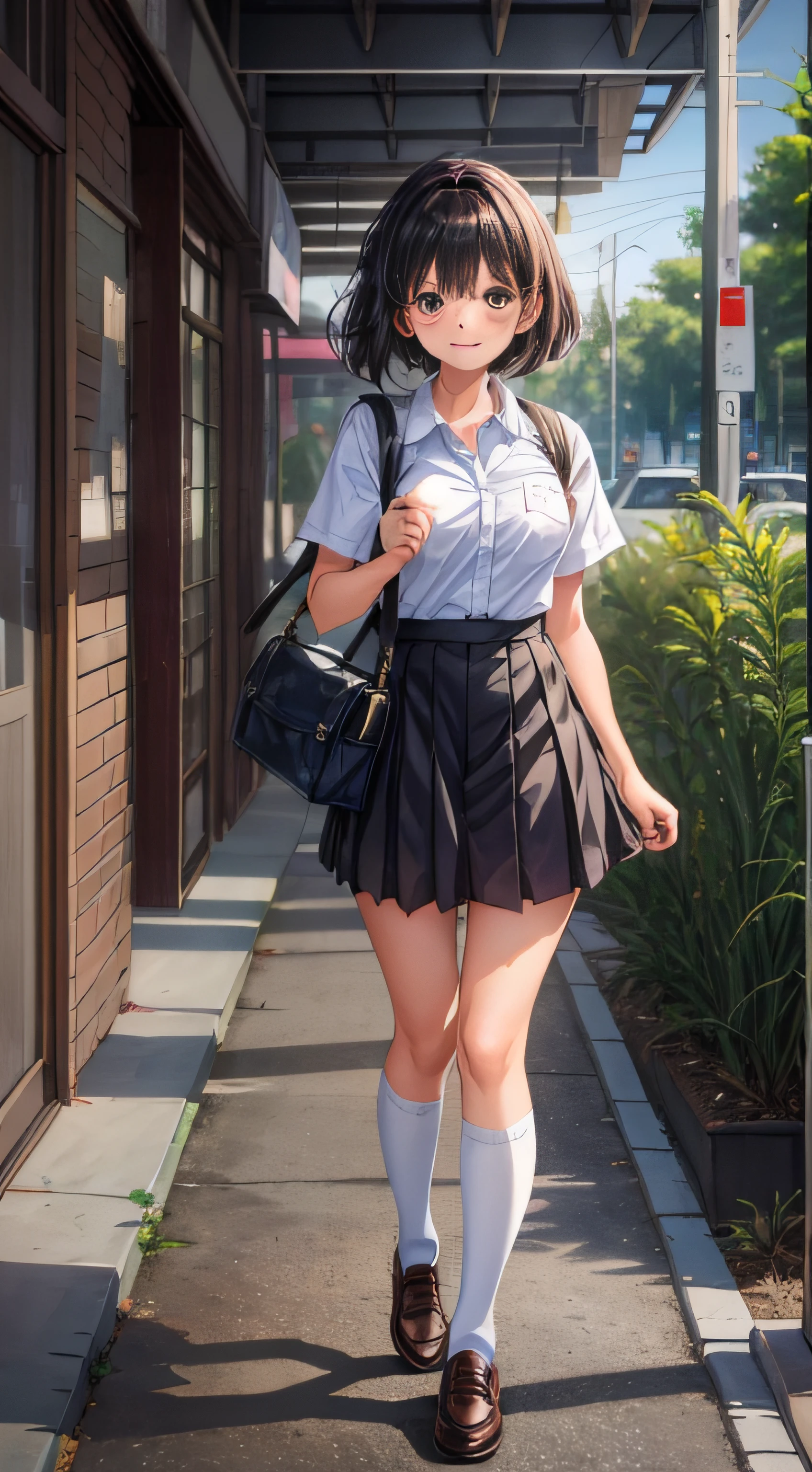 I am a girl in a high school uniform,Short black hair,Carrying a black school bag,white stockings,ssmile