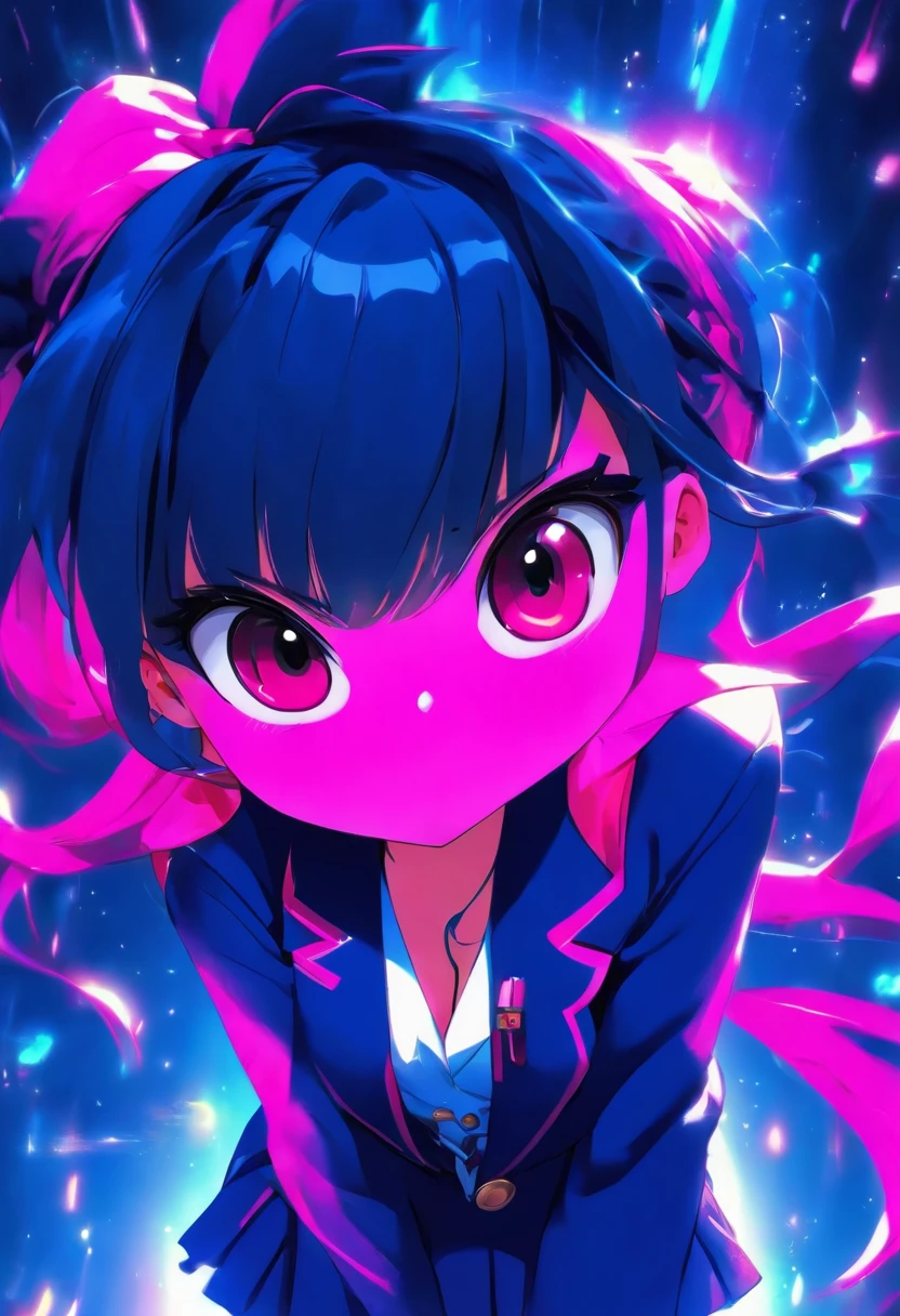 Very cute (Beautiful Chibi Anime Girl), Solo, Simple background, Beautiful twin tails 、 Pretty girl、Cute Chibi、 Dark blue blazer, Pink skirt、High School Uniform, Full body , Highly detailed face and eyes, the contours are clear