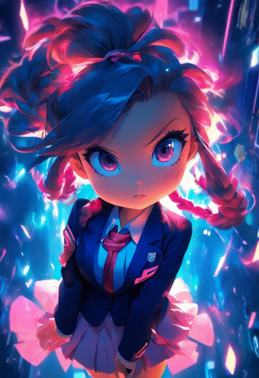 Very cute (Beautiful Chibi Anime Girl), Solo, Simple background, Beautiful twin tails 、 Pretty girl、Cute Chibi、 Dark blue blazer, Pink skirt、High School Uniform, Full body , Highly detailed face and eyes, the contours are clear