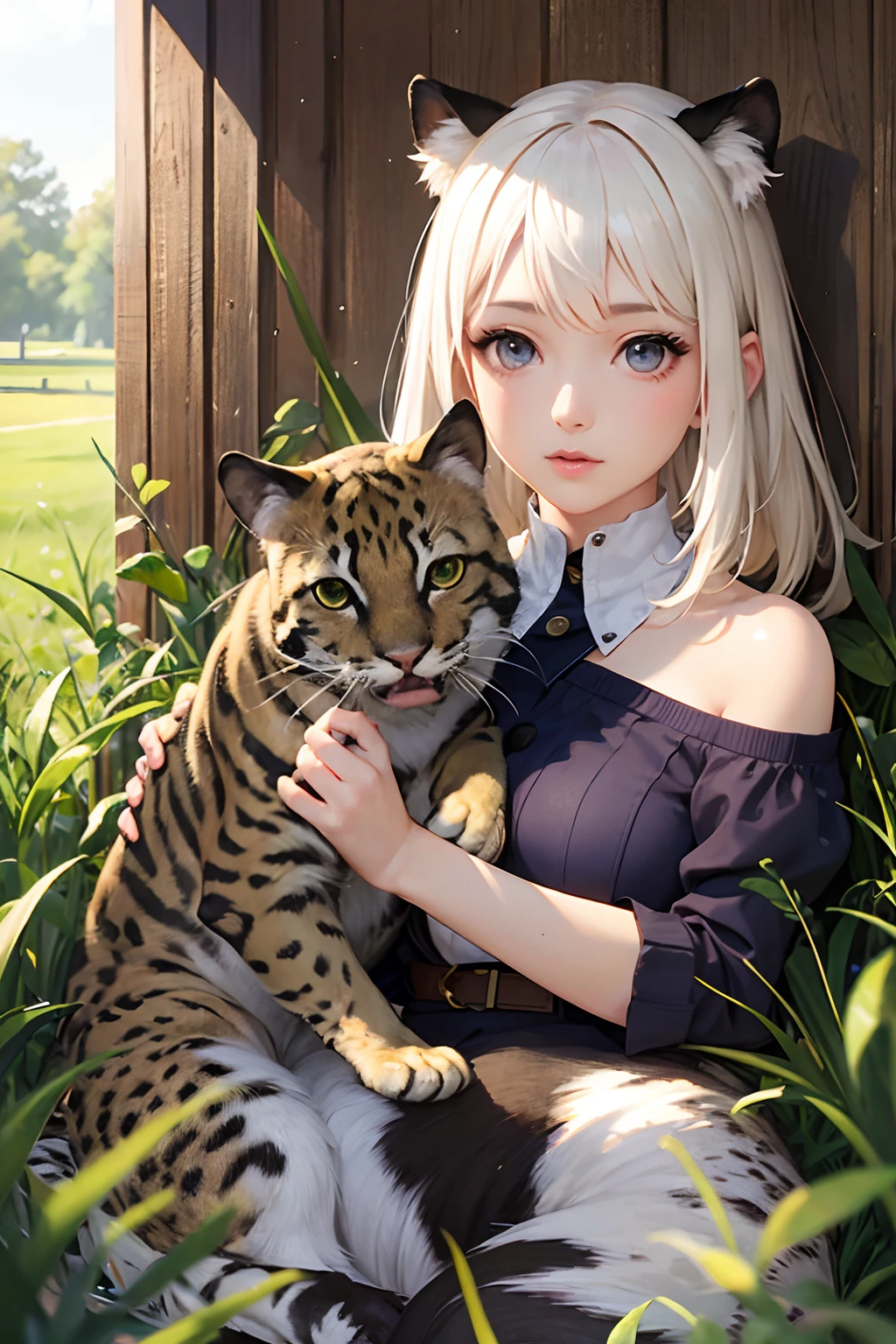 masterpiece、top-quality、hight resolution、High-quality images、8K、1maidennurse、Two realistic panthers、detaileds、Detailed eye depiction、skin gloss、shinny hair、Clothing of primitive times、spear、full body Esbian、Short platinum blonde hair、Soft hair、grass field、Sauvage、Trust relationships、Friendship、Play with each other