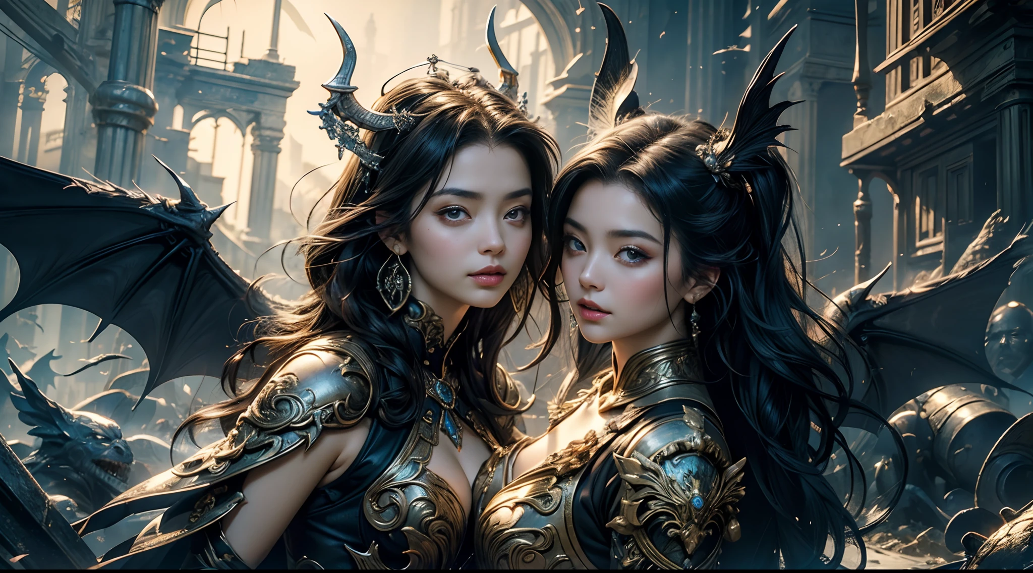 tmasterpiece,top-quality,best qualityer,offcial art,Beauty and aesthetics:1.2),(tmasterpiece:1.3), (8K, realisticlying, RAW photos, best qualtiy: 1.4), beauitful face, (photorealiscic face),超高分辨率, Ultra photo realsisim, highly detailed, the golden ratio, (with dynamism:1.3),(Saturation:1.3),illusory engine, (High detail: 1.9),(femele:1.4),(Large breasts),woman,Dragon's horn,A pair of bat wings,The background is the ruins of a medieval city,Bust,dramatics,(magia)