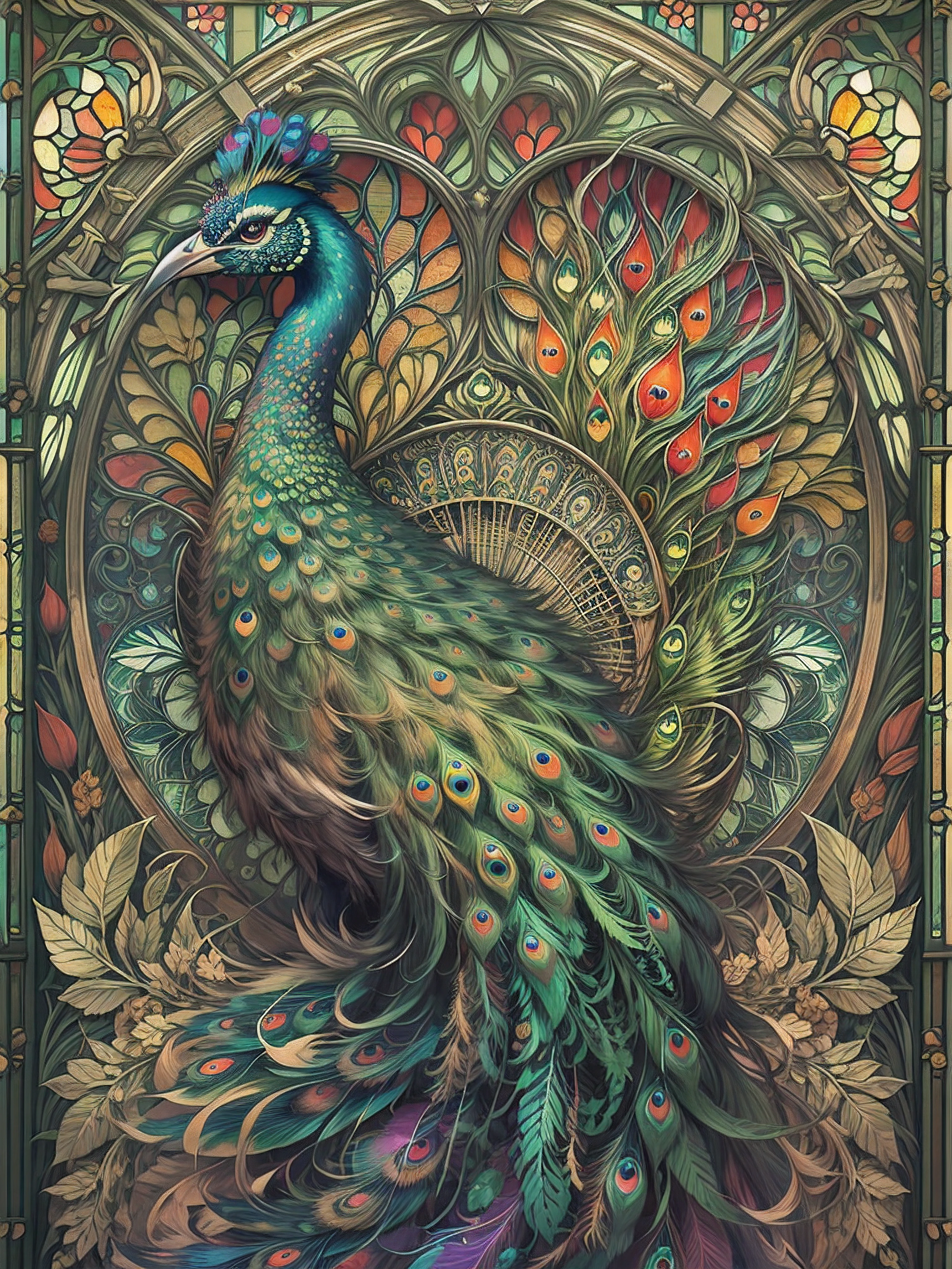 Colorful peacock in park, stained glass, art nouveau, intricate artwork, ominous, epic, highly detailed, vibrant