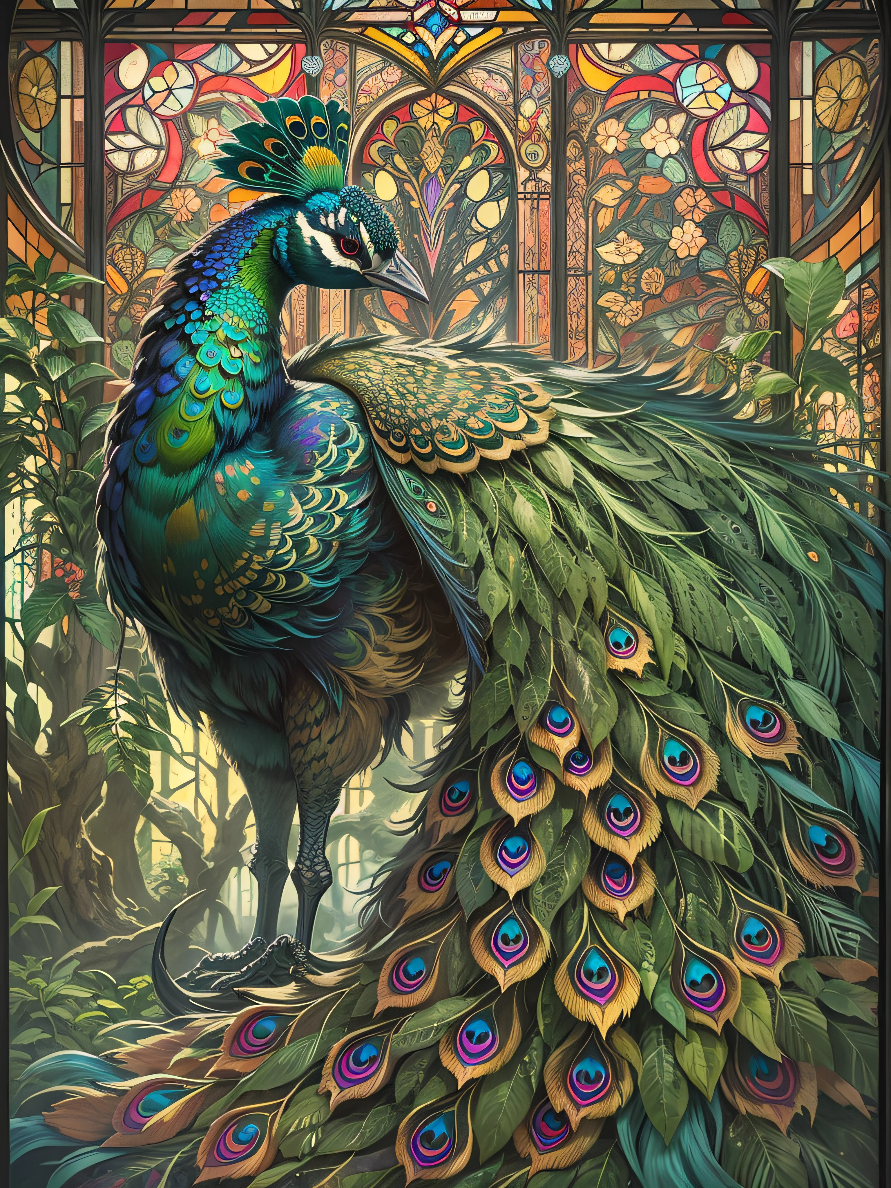 Colorful peacock in park, stained glass, art nouveau, intricate artwork, ominous, epic, highly detailed, vibrant