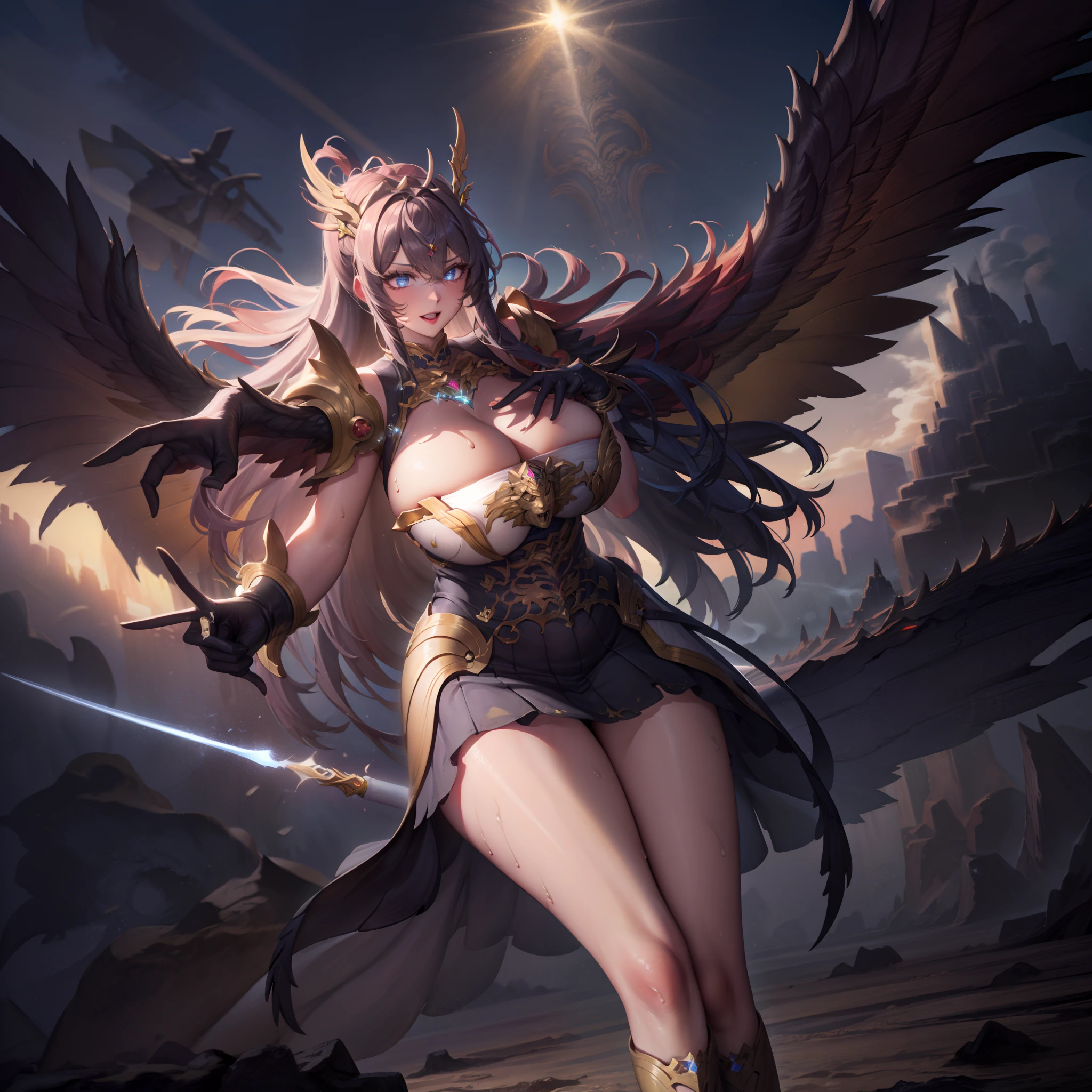 battlemech,(Blonde girl),(Huge ponytail),Glowing blue eyes,Blue Light Energy Longsword,Galactic,Mechanical and exquisite,((Blonde Beauty))pubic detail,mech wings,elegent,Blue Mecha,Glowing blue-blue eyes,(Stocking Heels),land,Mechanical and exquisite,pubic detail,mech wings,elegent,There are hands and feet,angled,angled,immensity,Wind,hazy,Mecha's eyes glow blue,Blue Mecha,Glowing blue-blue eyes,Holding the sword of delicate light energy,Skysky,Mechanical and exquisite,pubic detail,Huge mech wings,elegent,The tree々,There are hands and feet,angled,angled,immensity,baiyun,hazy,Mecha's eyes glow blue,pubic detail,Winds of the future,sacredness,Cavalier,battlemech,Glowing blue eyes,Blue Delicate Sniper Rifle,Skysky,Mechanical and exquisite,pubic detail,Huge mech wings,elegent,The tree々,There are hands and feet,angled,angled,immensity,baiyun,hazy,Mecha's eyes glow blue,pubic detail,Winds of the future,sacredness,Cavalier,the face is clear,Face wearing mask armor,masterpaintings,best qualtiy,offcial art,the Extremely Detailed CG Unity 8K Wallpapers,brightened light,(light particules,(Illustration)(Farbe)goodlooking,impeccable,((Graphic Painting)),(Heavier stroke)),(bold lines),Highest image quality,masterpaintings,Filigree,long eyeslashes,(((silhuette))),Very detailed background,tulips,Banana leaves,lilie,dew,Date palm flowers,Ryu,Light white off-the-shoulder dress,Mottled sunlight,(Close-up of people),(Heavy sweat dripping all over the body)((Super best quality)), ((A very masterpiece)), ((super detailing:1.4)), ((hyper realistic lifelike 3d)), Dragon Warrior Girl, Mechanical body, Dynamic action poses in battle scenes, Mechanical weapons of very complex and heavy fighters, Off-the-shoulder fashion that blends dense and complex steampunk with dense gothic ta, Complex steampunk headgear, very thin long legs, Mechanical boots above the knee, Fluttering lace flared mini skirt, beautiful big breasts directed upwards,Somewhat long, Vertical curly silver hair fluttering in the win