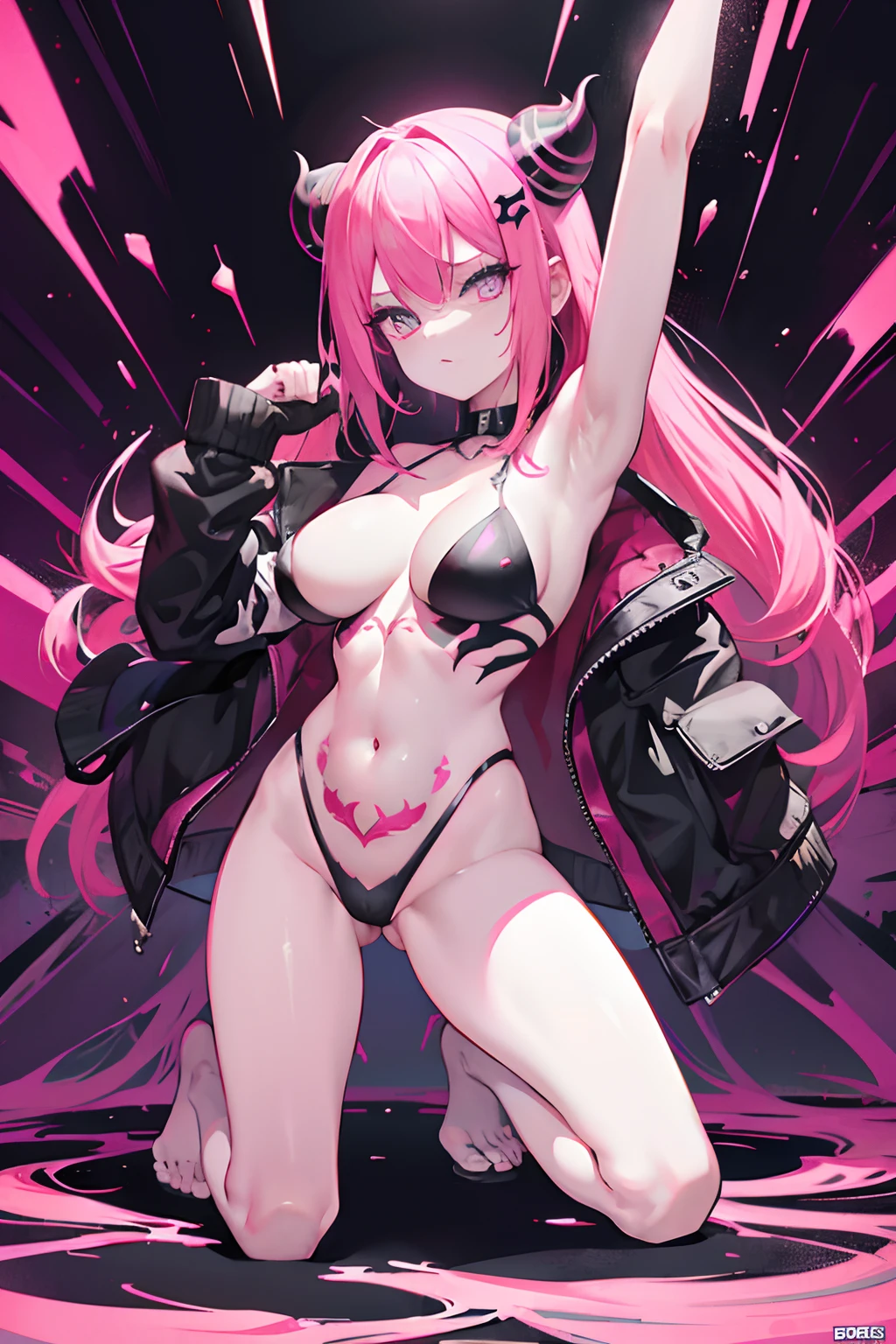 In the world of hell,Girl with pink hair in symbiote set,There is a bright pink tattoo in the style of the uterus on the lower abdomen,Bright pink pupils,selfie,Wearing a naked,big breasts exposed cleavage,liquids,bodily fluids,MuCoi,Slippery Nipple,Full body detail 4K,Dreamlike,and its detailed full-body detail 4K