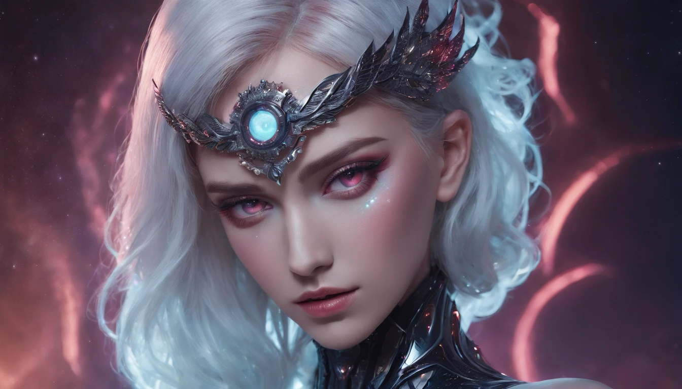 Cosmic Fallen Angel, glowing light eyes, Delicate and beautiful face,Bigchest,Biomechanical, eerie, Dream-like, Very bright colors, Light particles, with light glowing, Mshiv, wallpaper art, UHD wallpaper