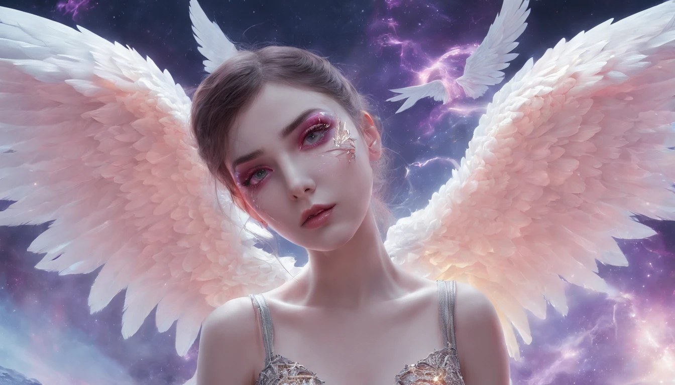 (Masterpiece), (Best Quality: 1.4), absurdities, [:intricate details:0.2],witch, angel wings, milky way, sky, bright aura, intense focus, crackling energy, mysterious symbols, bright specks,Paticulas,many details