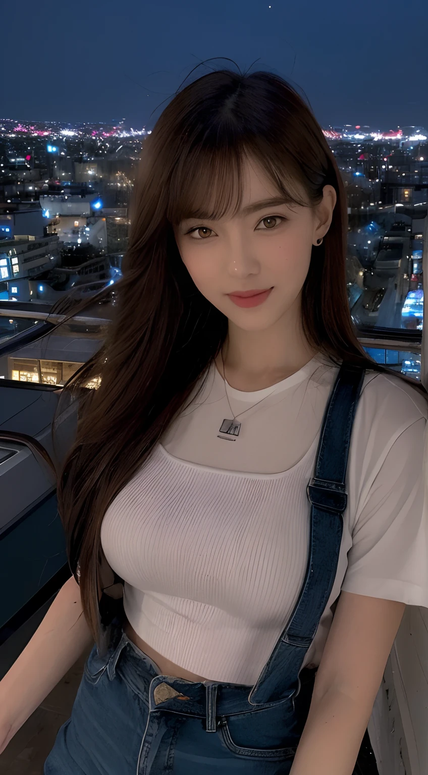 ((mid night、top-quality、8K、masterpiece:1.3)), full body Esbian, long legged, foco nítido:1.2, Beautiful woman with perfect body shape:1.4, Slender Abs:1.1, ((dark brown hair、Colossal tits:1.2)), (White tight t-shirt、Jean Bib, is standing:1.2), ((during daytime、white walls:1.3)), Highly detailed facial and skin texture, A detailed eye, 二重まぶた、a smile、age 30s