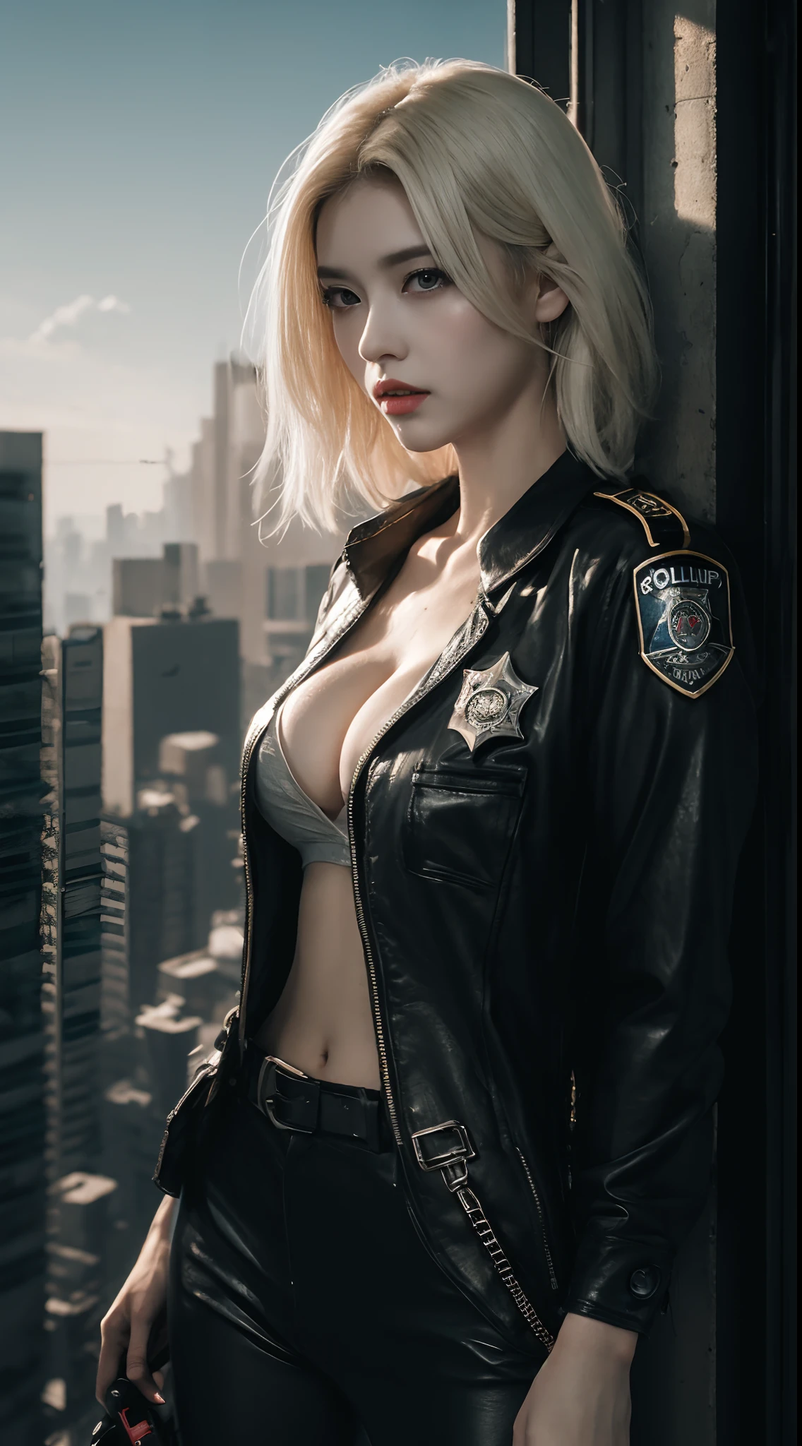 ((Best Quality, 8K, masutepiece:1.3, 1 girl, Beautiful Girl)), Cute, Detailed face, Detailed skin, Detailed eyes, Detailed lips, Detailed fingers, Photorealistic, Raw photo, Natural light, perfect anatomy, Dynamic Pose, toned legs, highres, (policegirl uniform), Japanese girl, sweaty, white hair, crowds, cyberpunk city, cyberpunk police, prisoners, messy background, cleavage, outdoor, 3 boys, zombies in background, cum on breasts, holding gun, ruins, sky, cloud, long hair, thighs