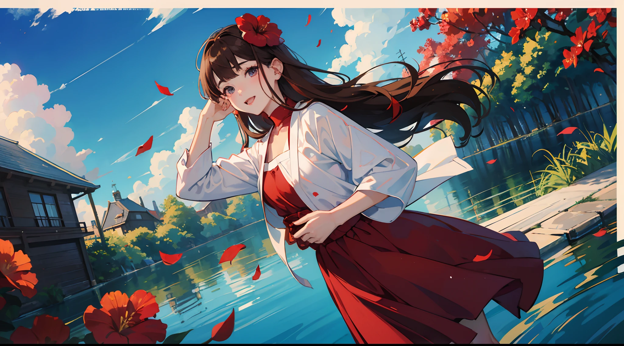 photoRealstic、Doll standing in front of the painting、swim wears、laugh face、Water droplets on the cheeks、kawaii pose、Flowing Red Silk、bustup、Eye Up、Hibiscus petals、Blurring、brown haired、blue-sky、depth of fields、season!!: 夏☀ 🍂 ハイビスカス