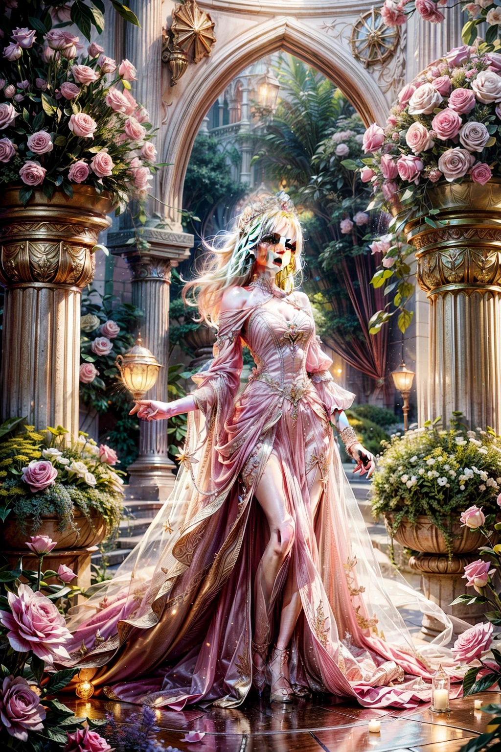 Full body photo Barbie wearing a cute pink dress,delicated face,Blonde hair fluttered in the wind、Princess dress,The princess has a beautiful crown、Feet wearing glass shoes and a kind smile、Beautiful garden background、Gentle and transparent,Delicate pattern,Pink rose space, Soft lighting, ( Bokeh),Masterpiece, Super detailed, Epic composition, Highest quality, 8K,Epic romantic fantasy digital art,Epic fairy tale fantasy digital art,Mythological fantasy,UHD resolution,Detailed detail drawing,realisticlying,Very realistic,cinmatic lighting,an award winning photograph,rich colours,hyper realistic lifelike texture,dramatic lighting