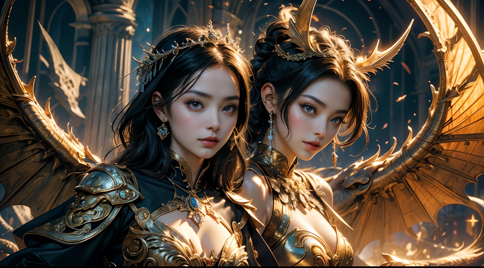 tmasterpiece,top-quality,best qualityer,offcial art,Beauty and aesthetics:1.2),(tmasterpiece:1.3), (8K, realisticlying, RAW photos, best qualtiy: 1.4), beauitful face, (photorealiscic face),超高分辨率, Ultra photo realsisim, highly detailed, the golden ratio, (with dynamism:1.3),(Saturation:1.3),illusory engine, (High detail: 1.9),(femele:1.4),(Large breasts),woman,Dragon's horn,A pair of bat wings,The background is the ruins of a medieval city,Bust,dramatics,(magia)