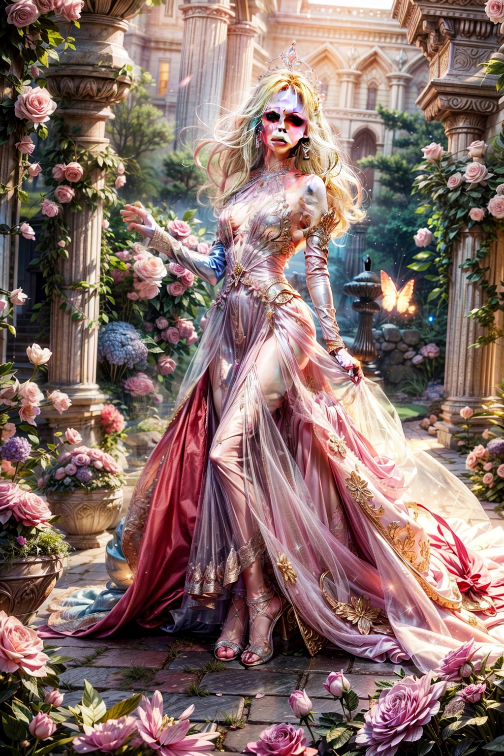Full body photo Barbie wearing a cute pink dress,delicated face,Blonde hair fluttered in the wind、Princess dress,The princess has a beautiful crown、Feet wearing glass shoes and a kind smile、Beautiful garden background、Gentle and transparent,Delicate pattern,Pink rose space, Soft lighting, ( Bokeh),Masterpiece, Super detailed, Epic composition, Highest quality, 8K,Epic romantic fantasy digital art,Epic fairy tale fantasy digital art,Mythological fantasy,UHD resolution,Detailed detail drawing,realisticlying,Very realistic,cinmatic lighting,an award winning photograph,rich colours,hyper realistic lifelike texture,dramatic lighting