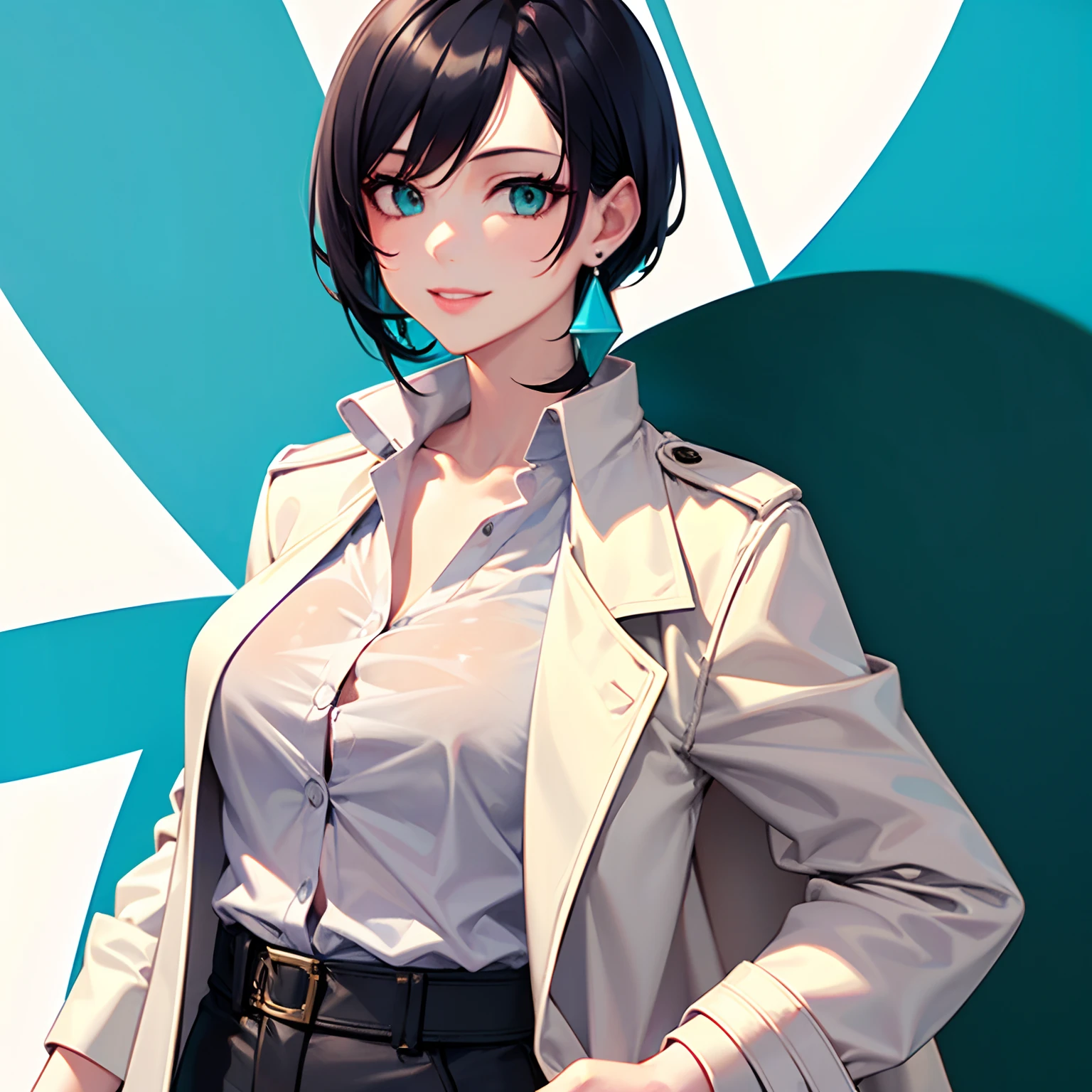 1girl, turquoise eyes, short black hair, full lips, turquoise earrings, medium breast, white buttoned shirt, black trench coat, black pants, smile, portrait, looking at camera, white background