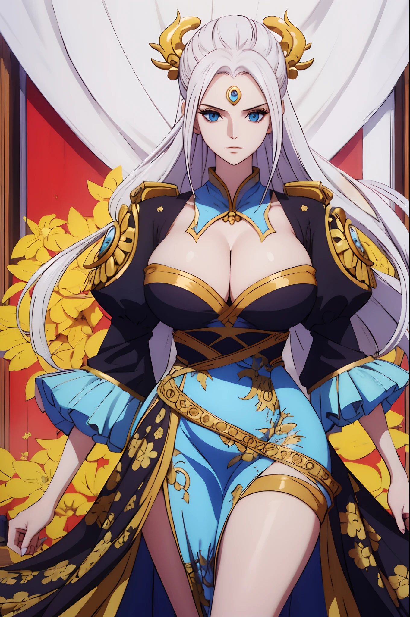 (masterpiece), best quality, expressive eyes, perfect face, 1girl, long hair, white hair, huge breasts, large breasts, thick thighs, curvilinear waist, muscular female, dark blue eyes, gold adornments, curvy waist, juicy waist, dragon girl, monster girl, mature female, long dress, elegant dress, black dress with flowers printed, oriental dress, female focus, solo