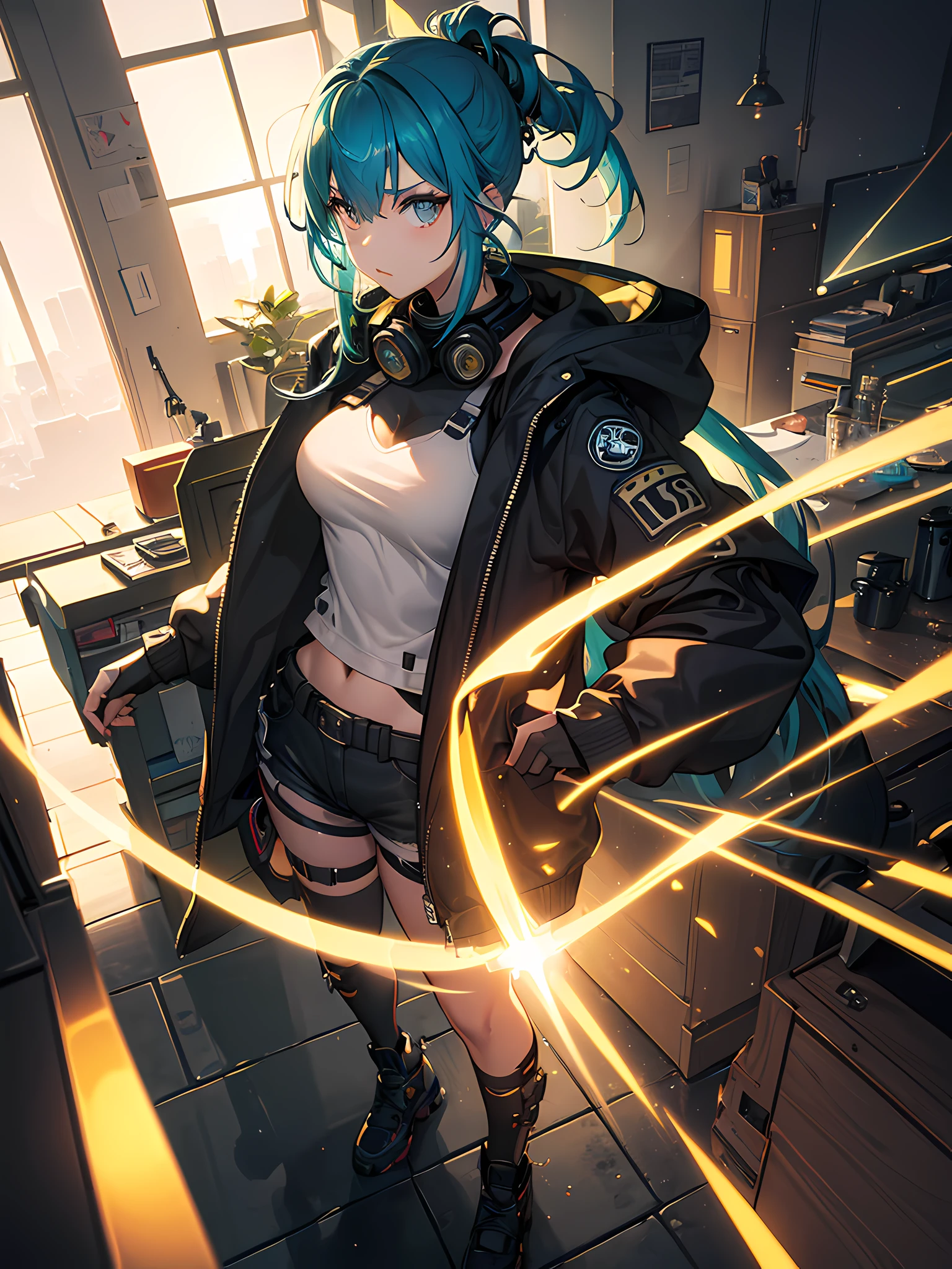 girl with gas mask, multicolored hair, smoke in the room, large shiny earrings, in profile, eyebrow piercing, ripped short shorts, skit jacket, full body, (ultra-realistic), {extremely detailed CG unit 8k wallpaper} , Expansive landscape photography, (a top view that shows focus on the model, expansive open field view), (high-angle shot), (light: 1.5), (warm light source: 1.4), complex details, ( Iridescent colors: 1.3), (bright lighting), (atmospheric lighting), surreal, badass, (solo: 1)