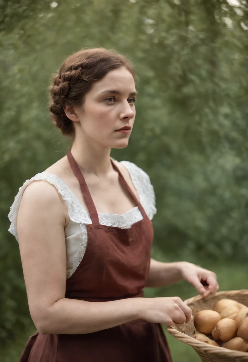 Color photo of a woman wearing a long apron, style of Felix Vallotton, intense gaze, ultra-fine detail, lithography, dramatic, somber religious work, luminous portrait,(upper body)