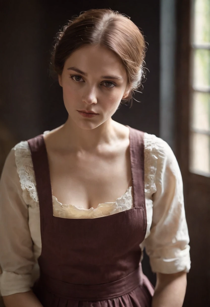 Color photo of a woman wearing a long apron, style of Felix Vallotton, intense gaze, ultra-fine detail, lithography, dramatic, somber religious work, luminous portrait,(upper body)