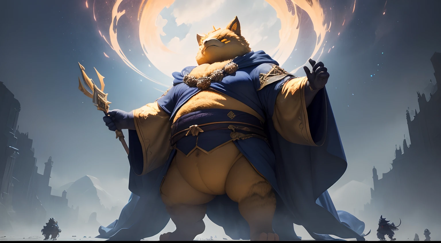 Dark Souls inspired 3d rendered boss fight scene, Giant fat golden furred anthropomorphic kitsune with navy blue robes, glowing white eyes, and star designs; facing a tiny human, scenic atmosphere