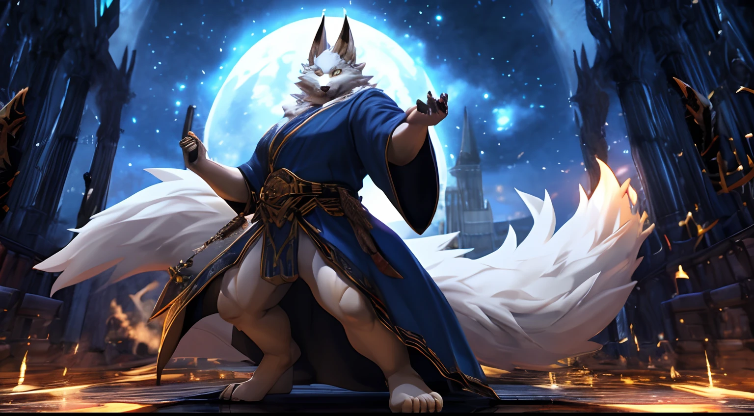 Dark Souls inspired 3d rendered boss fight scene, Giant fat golden furred anthropomorphic kitsune with navy blue robes, a big belly,glowing white eyes, and star designs; facing a tiny human, scenic atmosphere