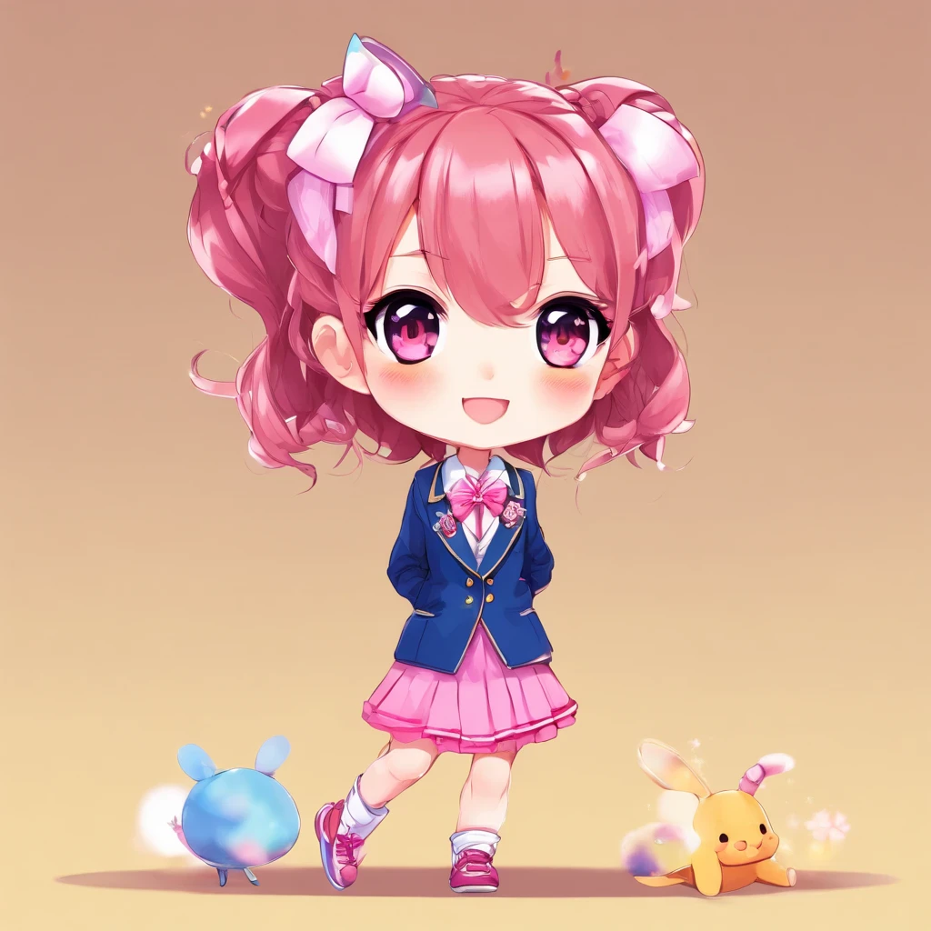 Very cute (Beautiful Chibi Anime Girl), Solo, Simple background, Beautiful twin tails 、 Pretty girl、Cute Chibi、 Dark blue blazer, Pink skirt、High School Uniform, Full body , Highly detailed face and eyes, The contours are clear