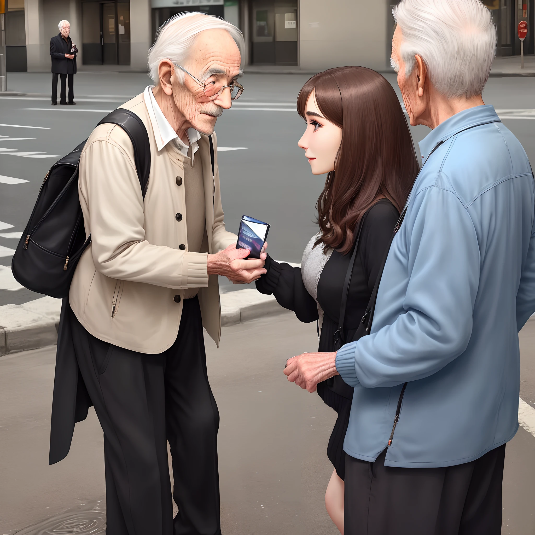 Elderly elegant man、(((((Asking a young woman on the street for directions)))))、