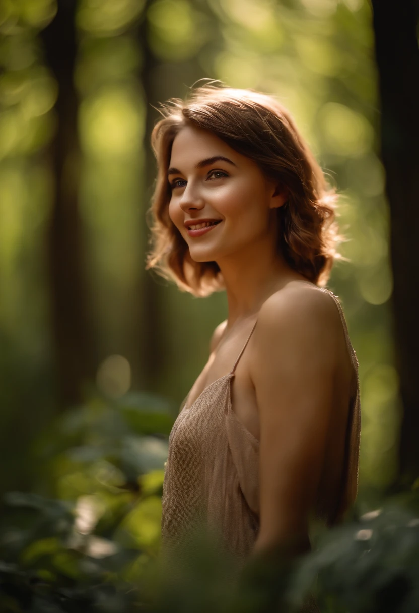 High resolution, (Official art, Beautiful and aesthetic: 1.2), Close View, Vast world, girl, Running, Refreshing smile, Long skirt, Distant horizon, forest, natural beauty, inspiration, light effect ,barechested,