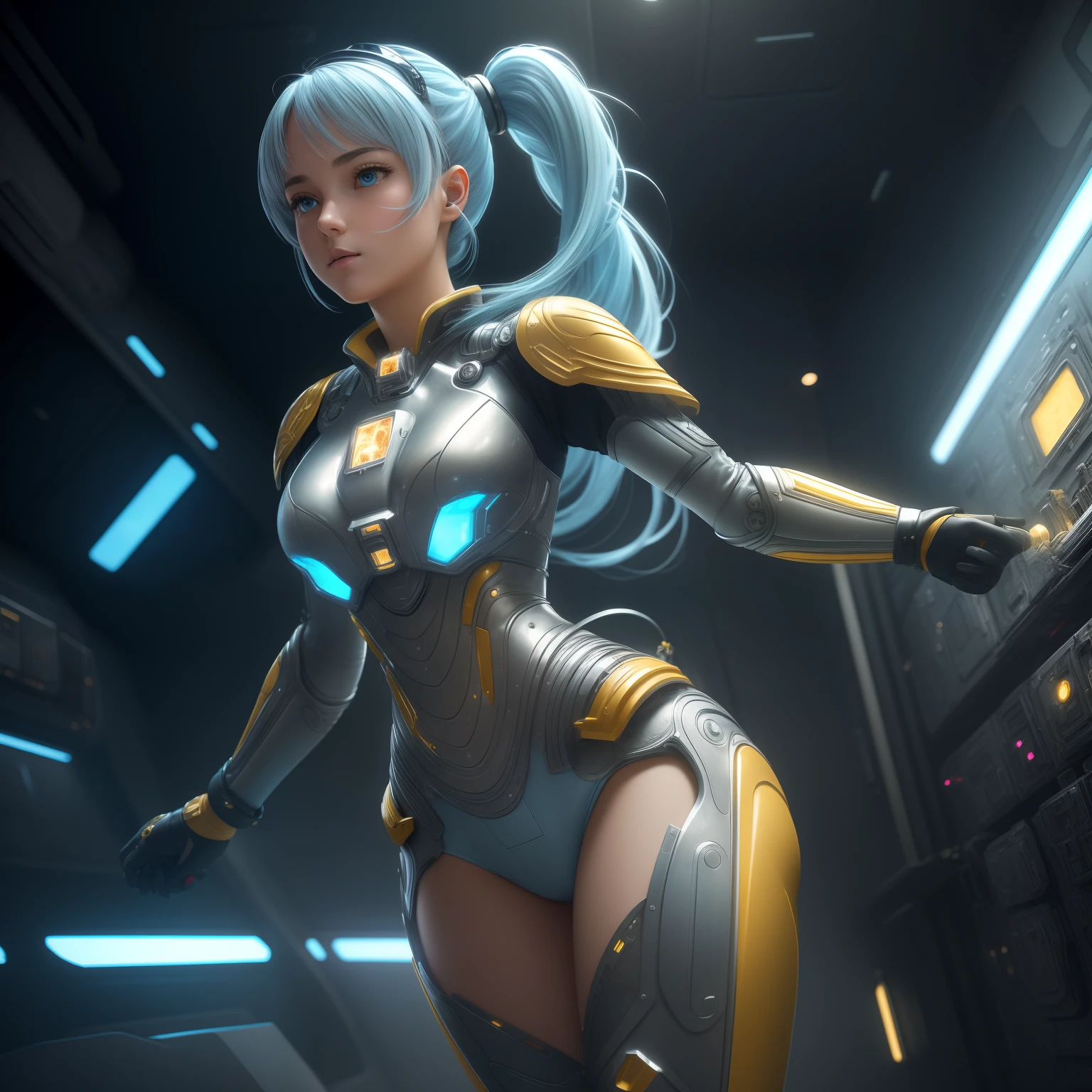(((masterpiece))), (((best quality))), ((ultra-detailed)), (highly detailed CG illustration), ((an extremely delicate and beautiful)), cinematic light,((1girl)), solo, (upper body), (character focus), absurdres, high contrast, extreme detailed,colorful,highest detailed, science fiction, nanosuit, high ponytail, (light blue hair), yellow eyes, knee boots, (spacecraft interior), mechanical limbs, large breasts, metal wire,