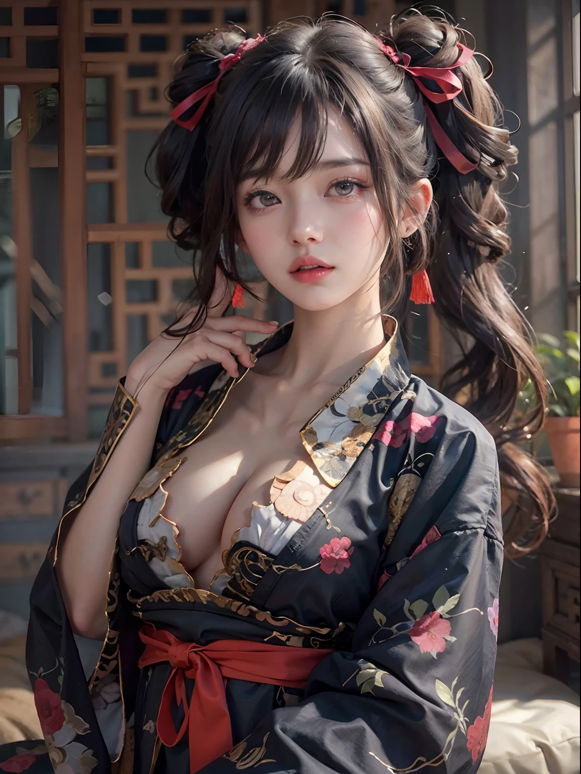nsfw, 1girl, nude, (masterpiece: 1.4), (8K, realistic, raw photo, best quality: 1.4), skirtlift, lying on tatami, nipple areola shape clear, beautiful breasts, Chinese girl, beautiful cute face, (real face: 1.4), perfect pussy, beautiful hairstyle, realistic brown eyes, beautiful detail eyes, (real skin: 1.3), beautiful skin, attractive, ultra high resolution, ultra realistic, cinematic lighting, black colored hair, long hair, twin ponytails, red ribbons, ancient China, chinese mythology, after sex