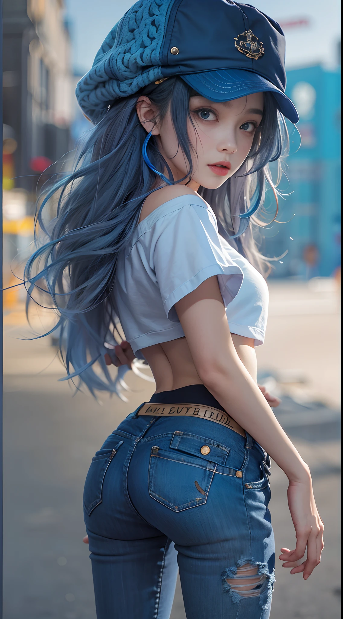 motor irreal:1.4,UHD,La mejor calidad:1.4, fotorrealista:1.4, textura de la piel:1.4, obra maestra:1.8,masterpiece,1girl,solo,long hair,blue hair,hoodie,off shoulder:1.2, mob cap, street,hand on hip, hand in pocket,