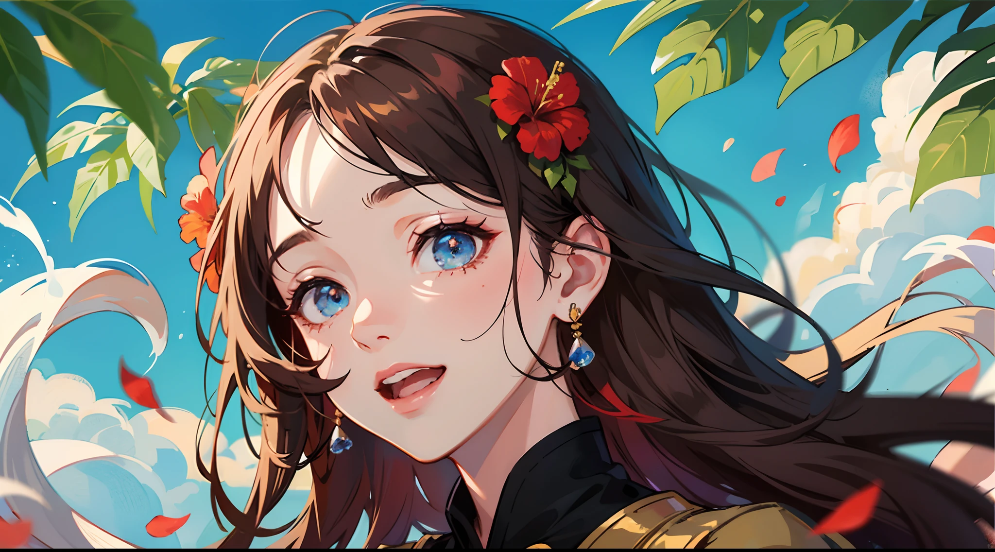 photoRealstic、Stand in front of the picture、laugh face、Water droplets on the cheeks、kawaii pose、Flowing Red Silk、bustup、Eye Up、Hibiscus petals、Blurring、brown haired、blue-sky、depth of fields、season!!: 夏☀ 🍂 ハイビスカス