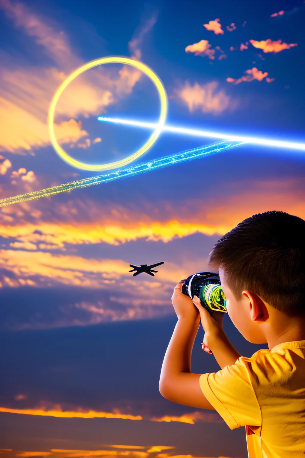 A young boy, holding a laser light, playfully points it towards a flying airplane against the backdrop of the evening sky in a stunning photography style.