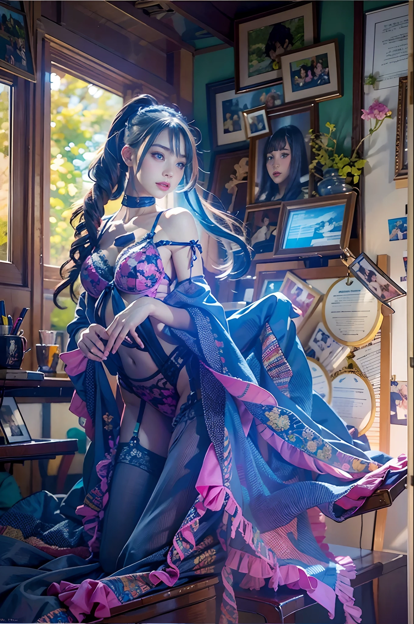 (Front Focus)、(Clear Blue: 1.6)、Hyperrealist female portrait by David Hockney and Alphonse Mucha、Fantasy Art、photoRealstic、Dynamic lighting、Original、art stations、poster for、Volume Lighting、extra detailed face、16 K、Award-winning、NSFW.1人、14years、in the darkness nigth、deep-shadows、(sexy lingerie:1.4)、